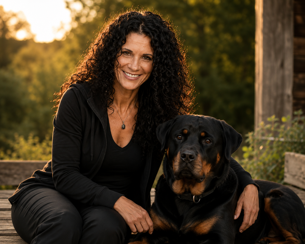Tanja Rücker mit Rottweiler in ruhiger Trainingsatmosphäre – Hundetraining und Verhaltensbegleitung für Mensch und Hund.