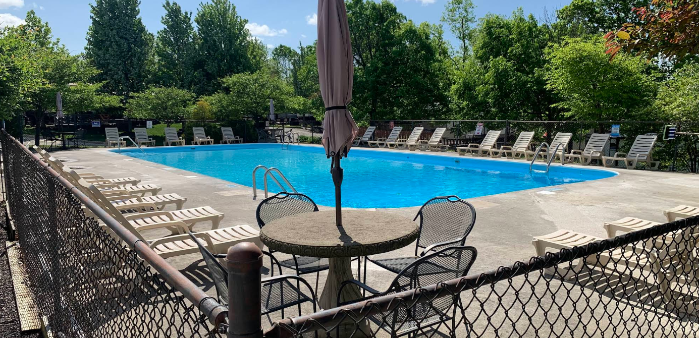 Empty outdoor swimming pool surrounded by lounge chairs and green trees on a sunny day.