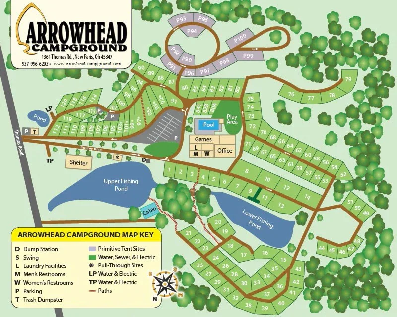 Map of Arrowhead Campground showing campsite layout, facilities, and natural features like upper and lower fishing ponds, forested areas, and pathways.