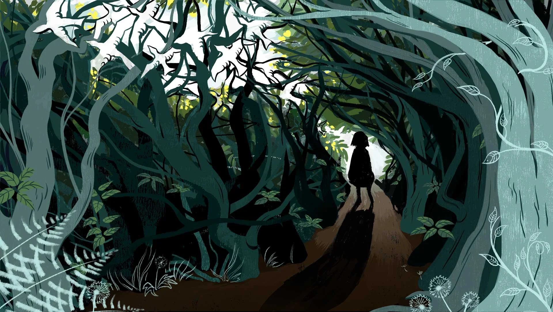 A silhouetted girl walking on a dirt path through a dark, dense forest with twisting trees and leaves, illuminated by a soft light coming from the background.