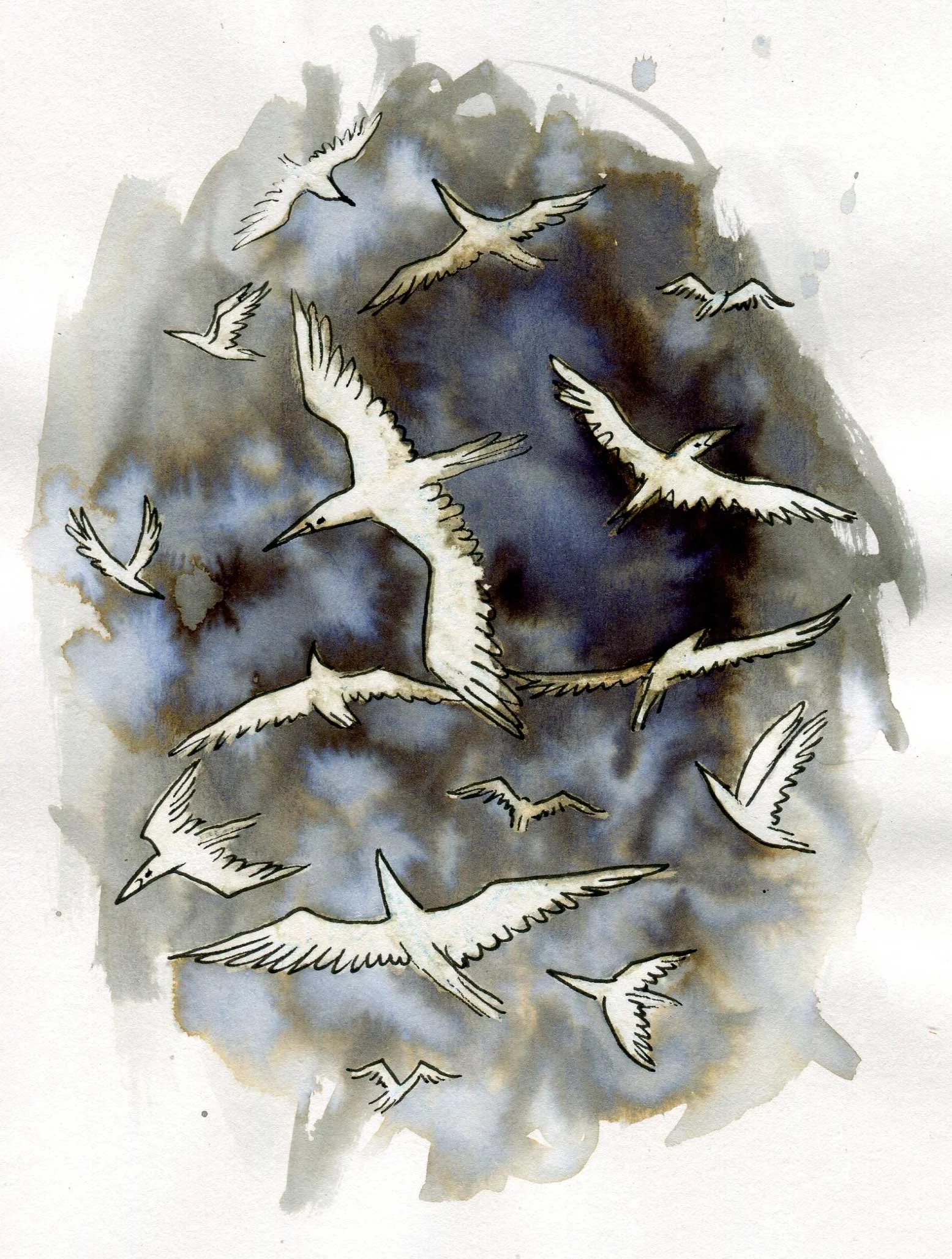 Watercolor painting of several white birds flying against a dark, cloudy sky.