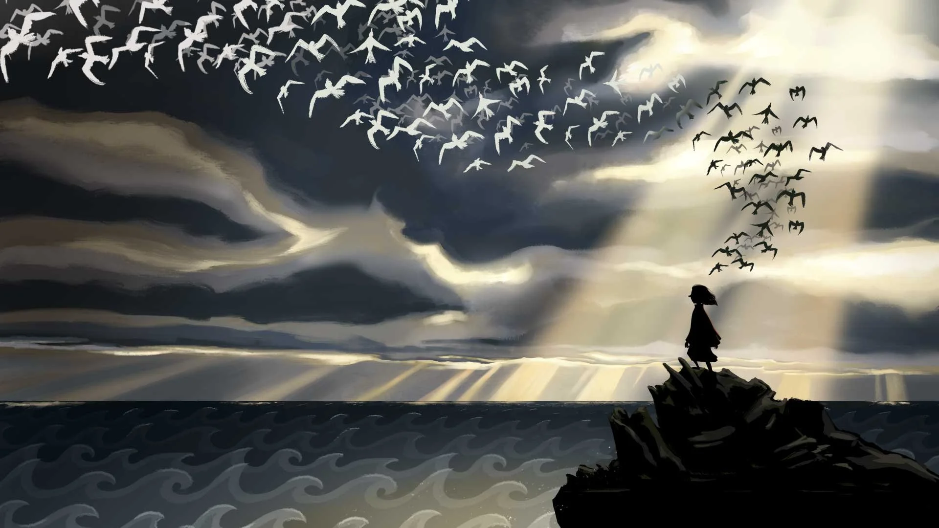 A woman standing on a rocky outcrop by the water watching a large flock of birds flying through a dark, cloudy sky with streaks of light breaking through the clouds.