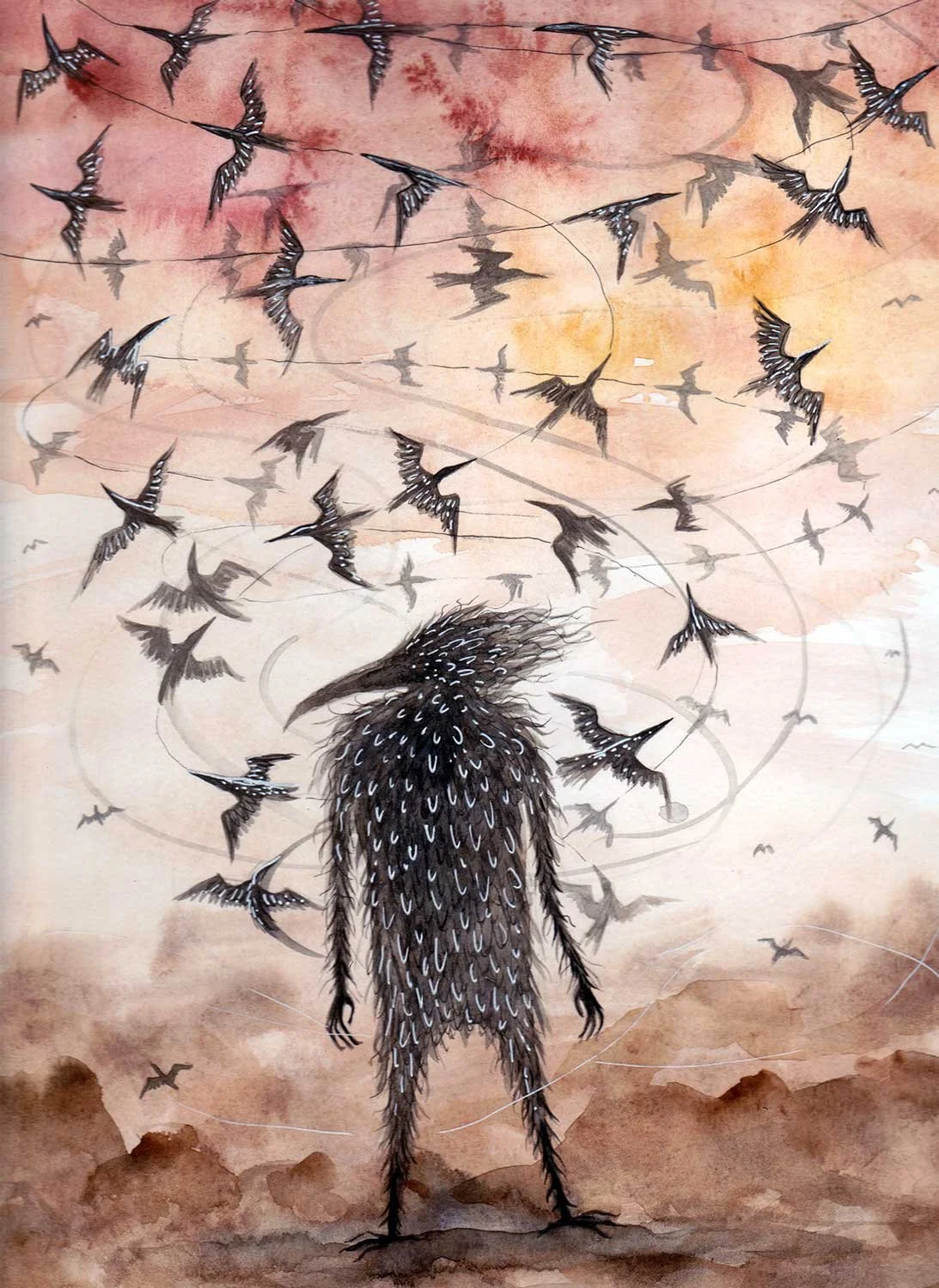 A stylized illustration of a bird with a shaggy, feathery body and long legs, standing on the ground, surrounded by numerous flying birds against a watercolor sky with warm tones.