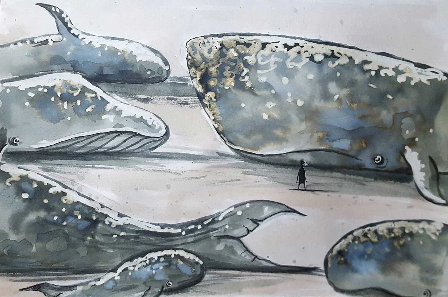 A watercolor painting featuring a small human figure among large whales on a beach, with the whales towering over in a surreal scene.