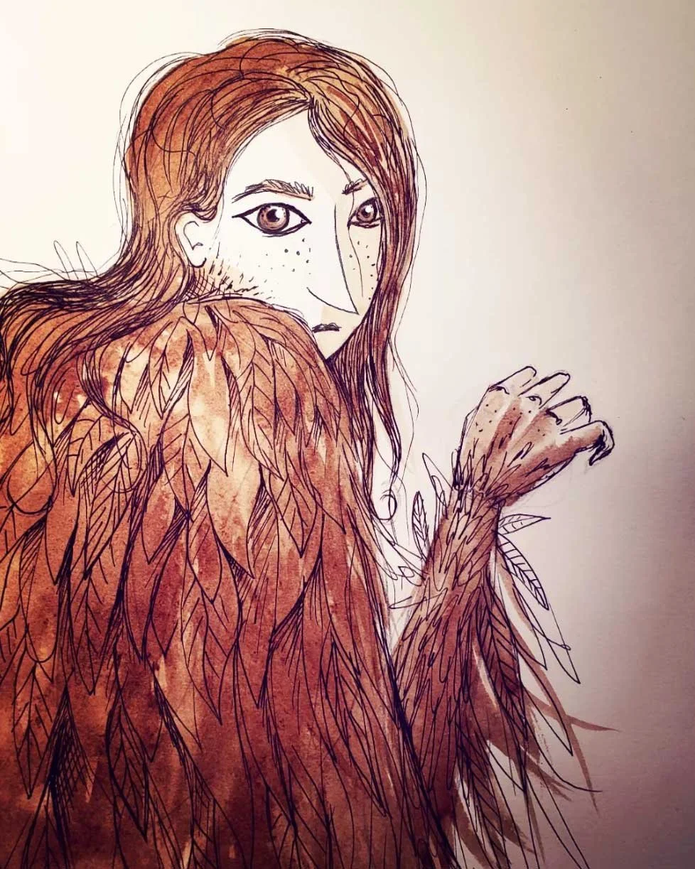 Illustration of a person with long hair, freckles, and a large nose, dressed in a costume made of leaves or fur, with one hand raised and fingers outstretched.