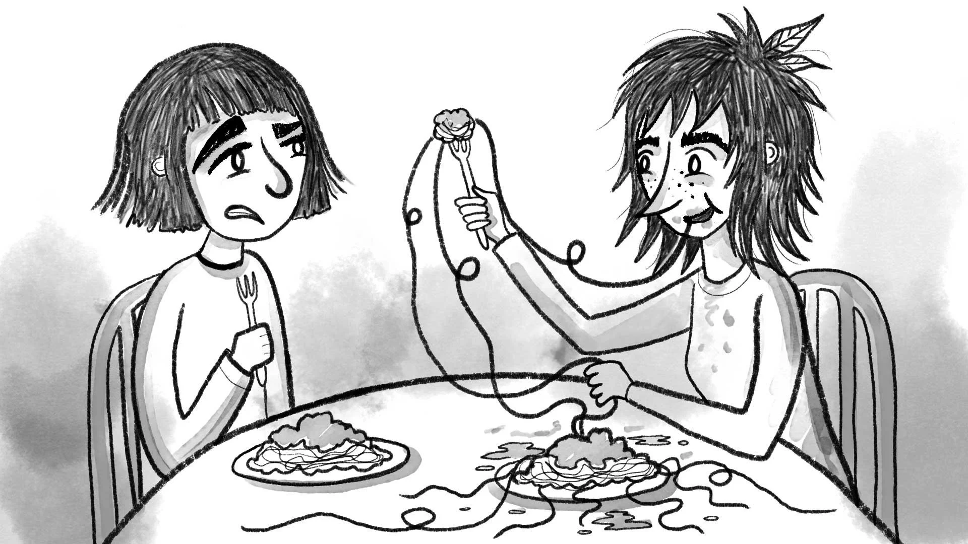 A black and white cartoon of two people sitting at a table eating spaghetti. The person on the right has messy hair, a long nose, and is using a fork to feed the other person. The person on the left looks sad and is holding a fork but has no spaghett