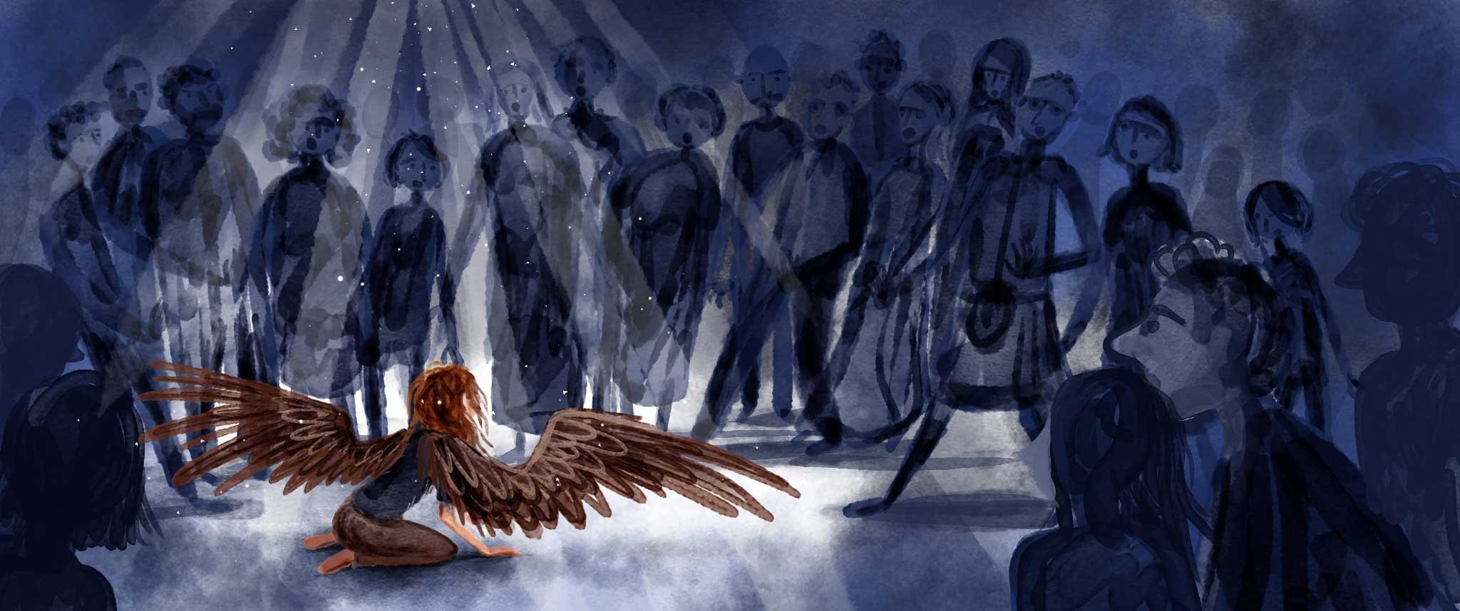A creature with a human body and large brown wings crouches on the ground in front of a crowd of silhouetted people in a dark, blue-toned setting, with rays of light shining down.