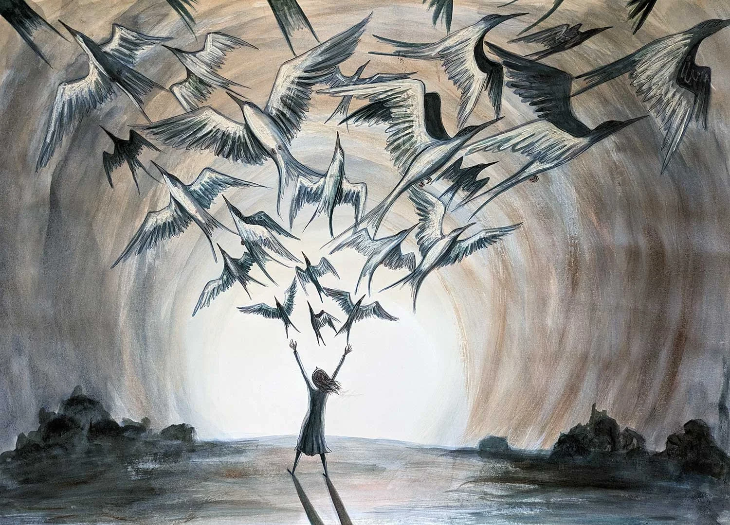 A painting of a girl standing with arms raised, with birds that are flying away from her, with a glowing light and sky in the background.