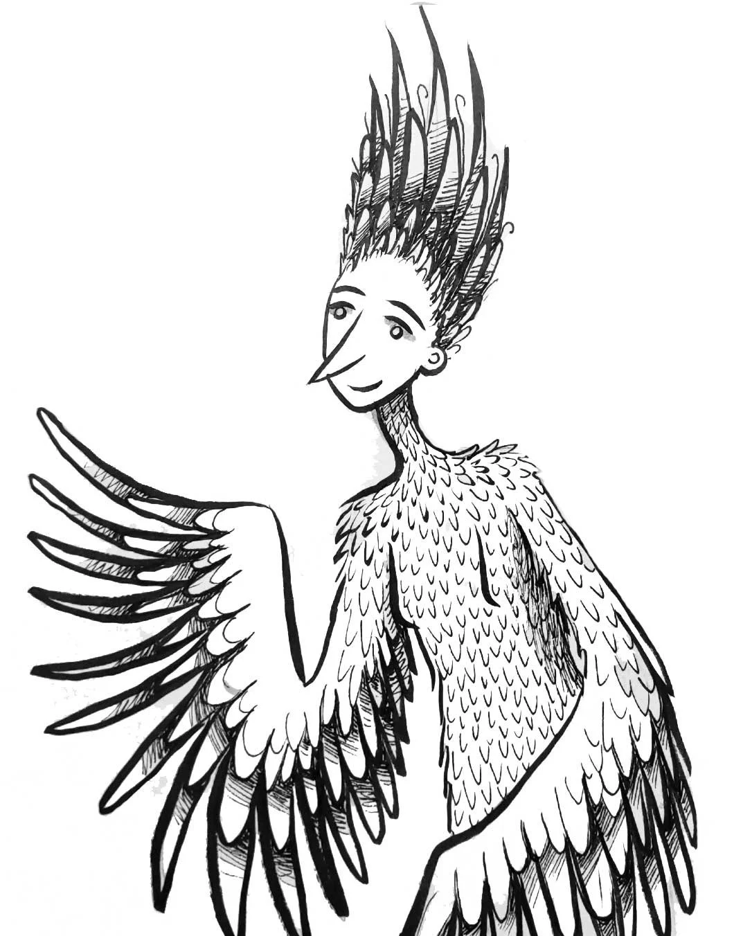 Black and white illustration of a person with a human face and bird-like wings and feathers, smiling and pointing to the side.
