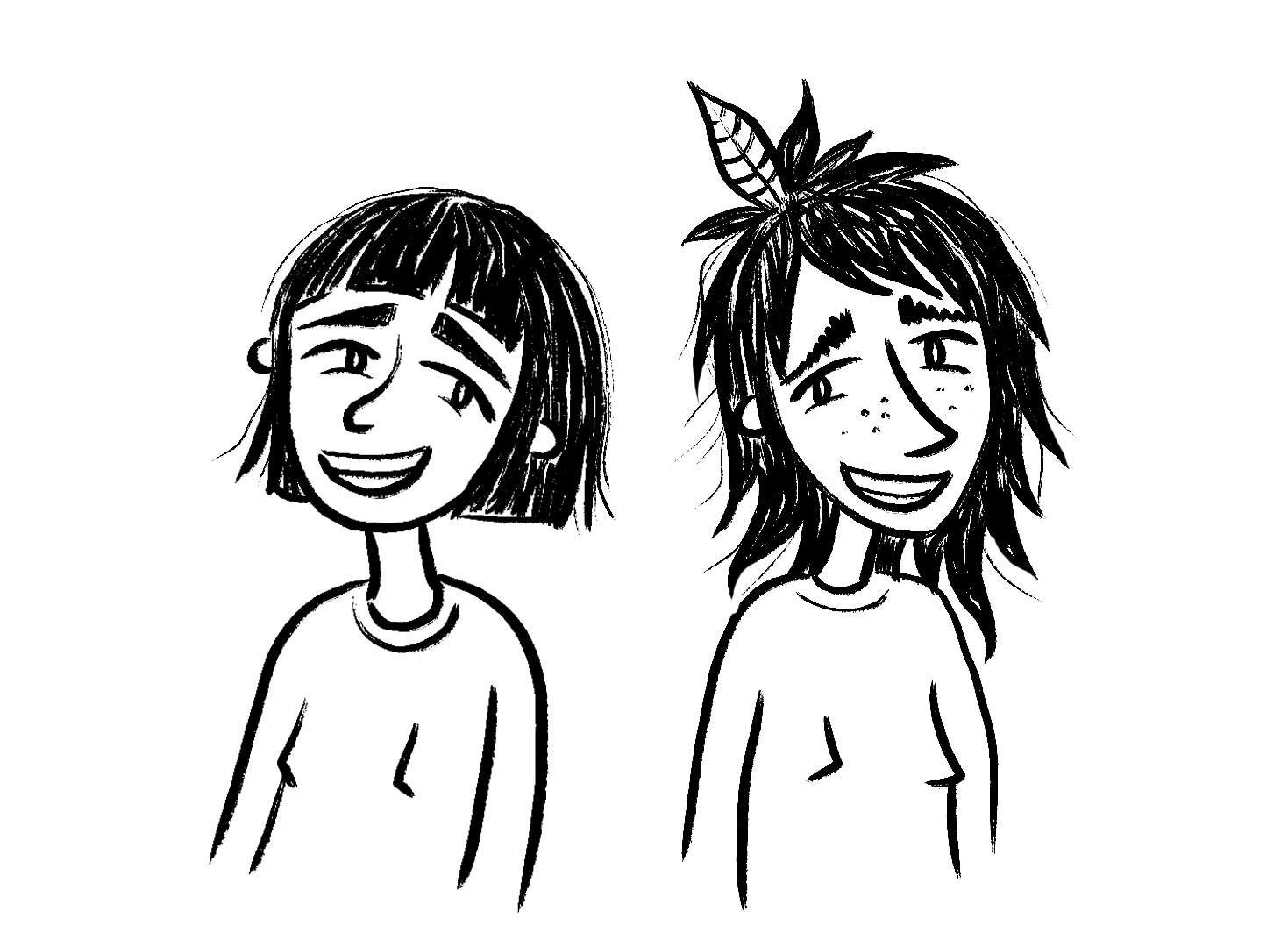 Black and white sketch of two girls smiling, one with short bob hair and the other with longer, spiky hair, wearing casual shirts.