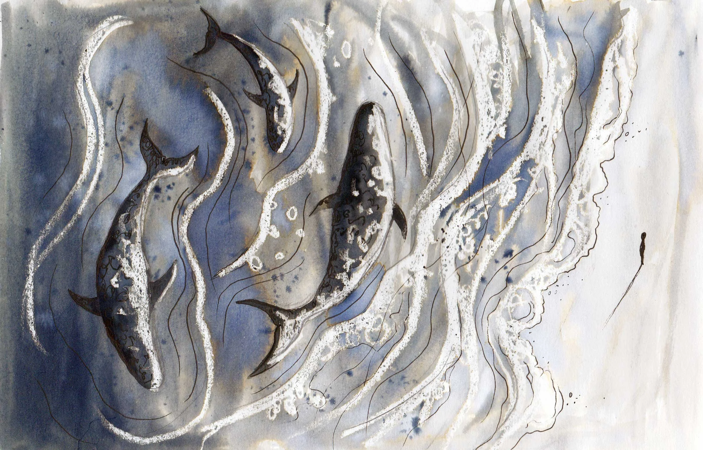 Watercolor painting of whales from above, with flowing lines and abstract water effects.