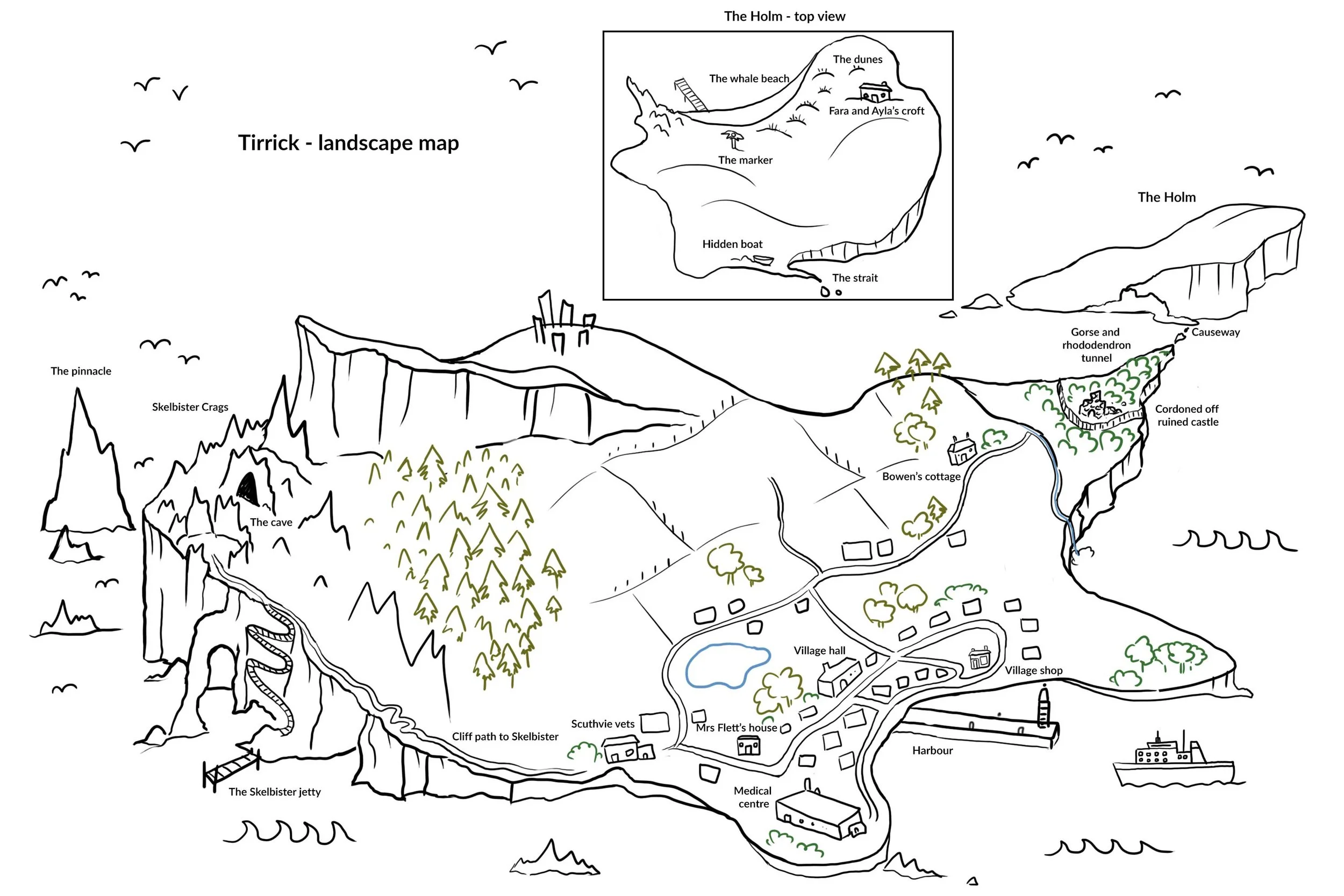 A hand-drawn illustrated landscape map of Tirrick featuring various landmarks like the Pinnacle, Skelbister Crags, The Cave, Cliff Path to Skelbister, Skelbister Jetty, Village Hall, Village Shop, Medical Centre, Harbour, and the Strait. It shows nat