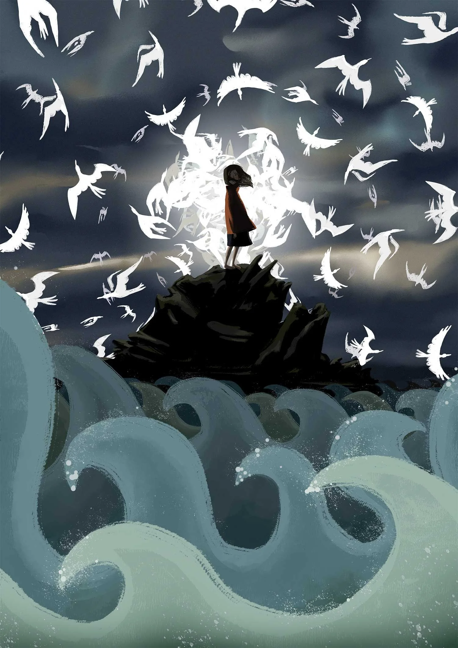A girl standing on a rock surrounded by turbulent ocean waves, with many white birds flying in a stormy sky behind her.