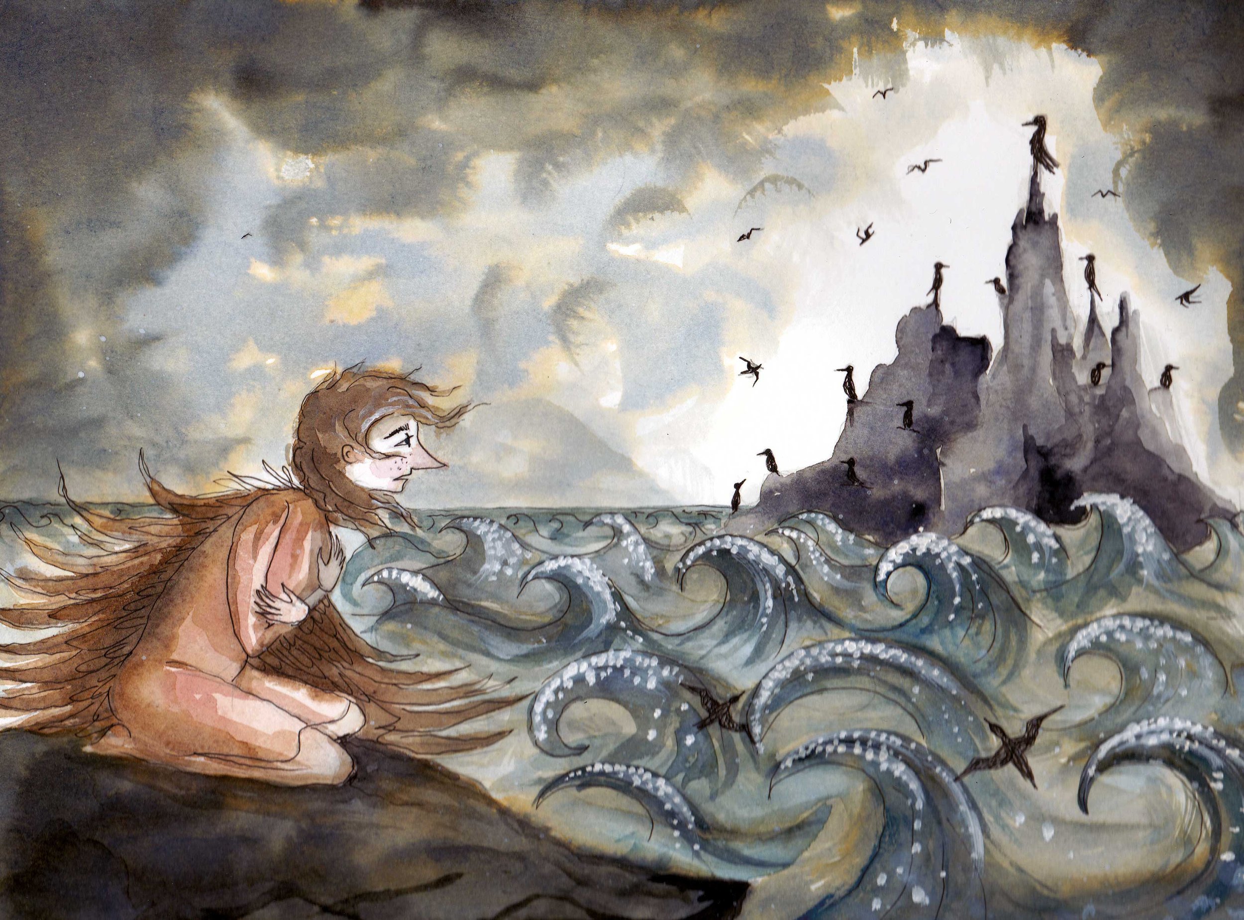 A person with long, flowing hair sitting on a rock by the sea, facing a dark, stormy ocean with large waves and a rocky island in the background. The sky is cloudy with some lighter patches, and there are birds flying around the island.