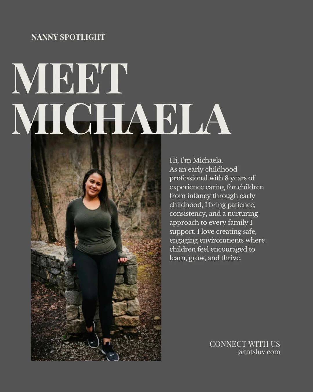 We&rsquo;re so excited to introduce Michaela to the Tots Luv Community! 🤍

As an early childhood professional with 8 years of experience caring for children from infancy through early childhood, Michaela brings a patient, nurturing, and dependable p