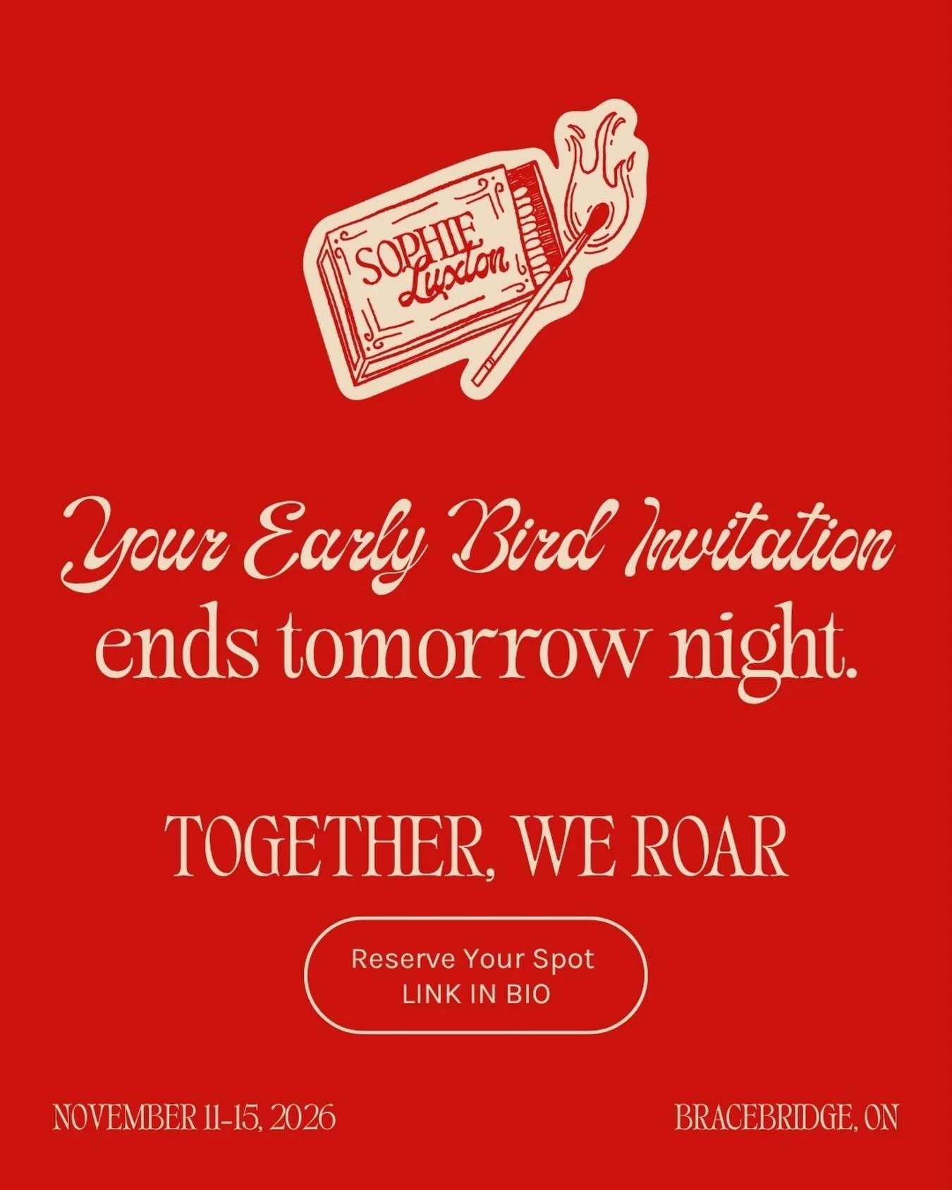 This is your last Early Bird invitation to join me at Together, We Roar this November.🤍

4 days to feel yourself deeply.&nbsp;

Body. Heat. Permission. Sisterhood. Fun.

If you need a gentle push to take action on your desire to join us, HERE IT IS.