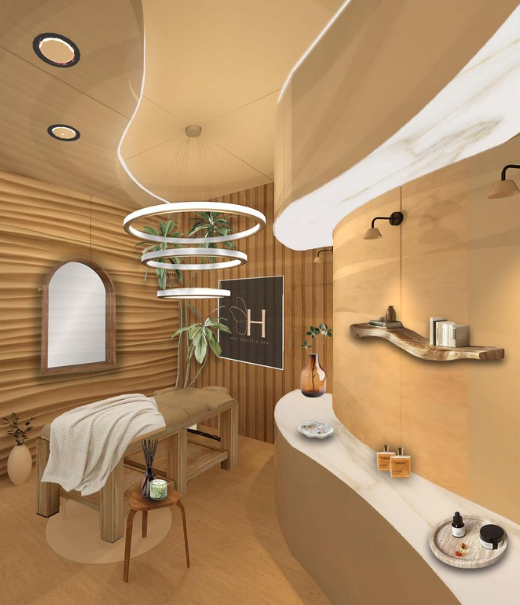 Concept
The flowy design of the spa draws inspiration from the natural journey of a river, guiding patients along a healing path toward stillness which resembles the pool. As visitors navigate the serene hallways, they are immersed in an environment 