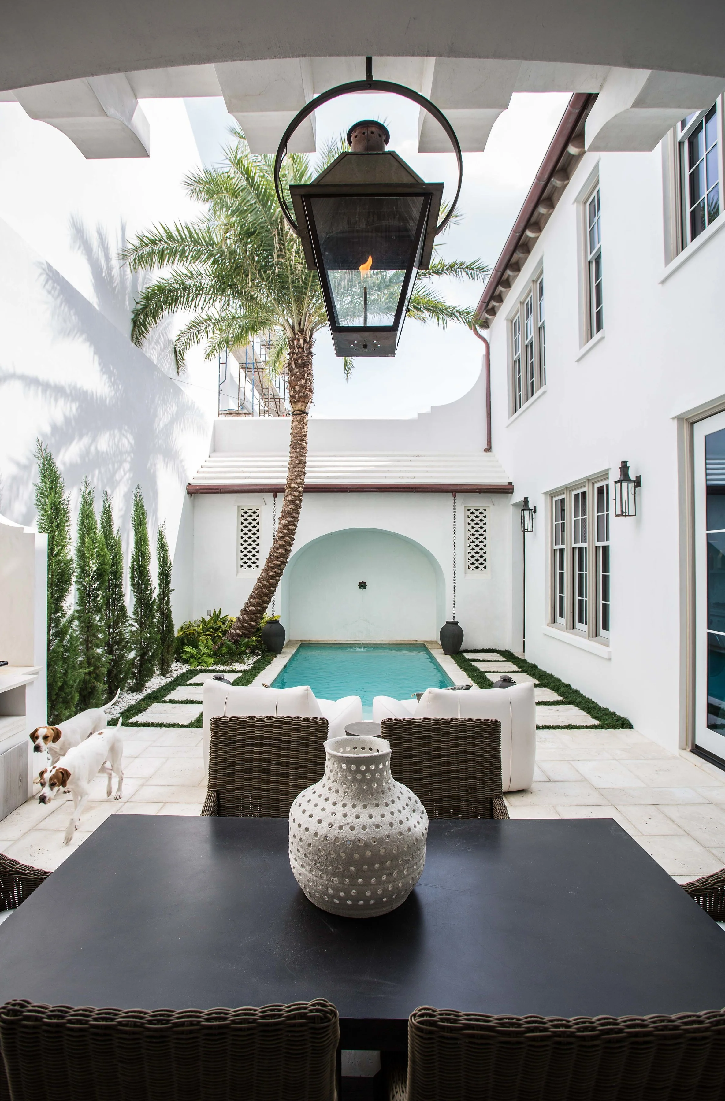 Outdoor patio with a small swimming pool, white chairs, lush greenery including a tall palm tree, and a white building with multiple windows with gray frames.