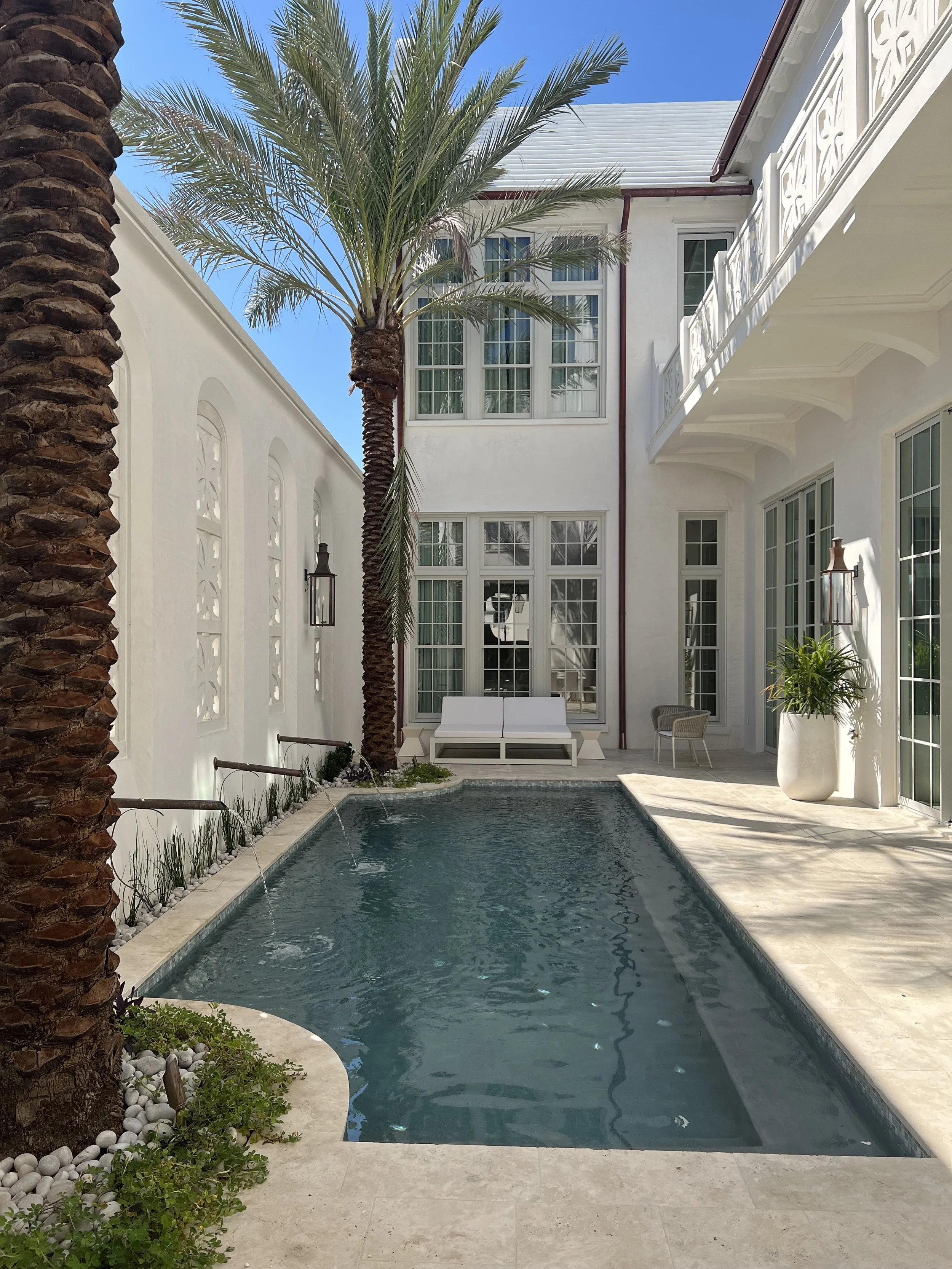 A luxurious backyard with a small rectangular swimming pool, surrounded by white walls and tall windows, featuring a palm tree, outdoor lounge chairs, and potted plants.