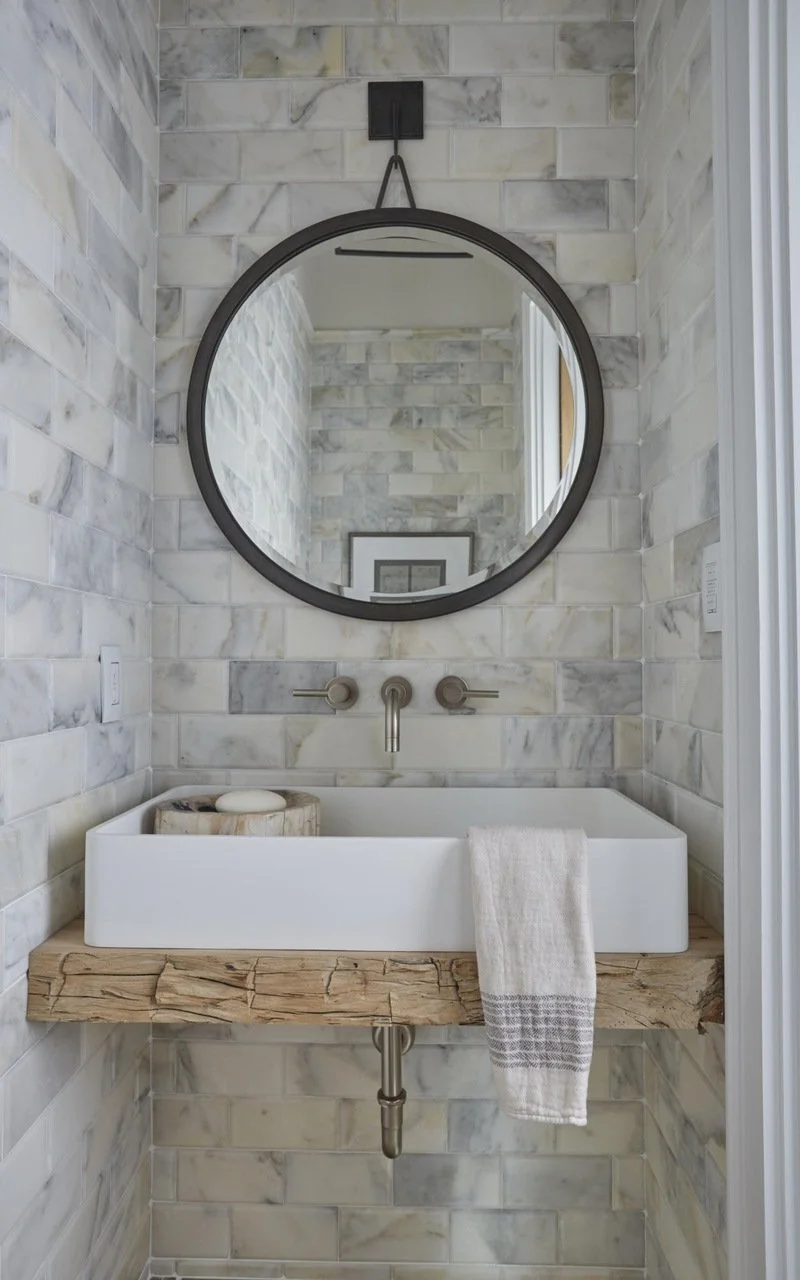 Bathroom with marble-tiled walls, circular mirror, modern faucet, and a white vessel sink mounted on a rustic wooden vanity with a towel hanging over the edge.