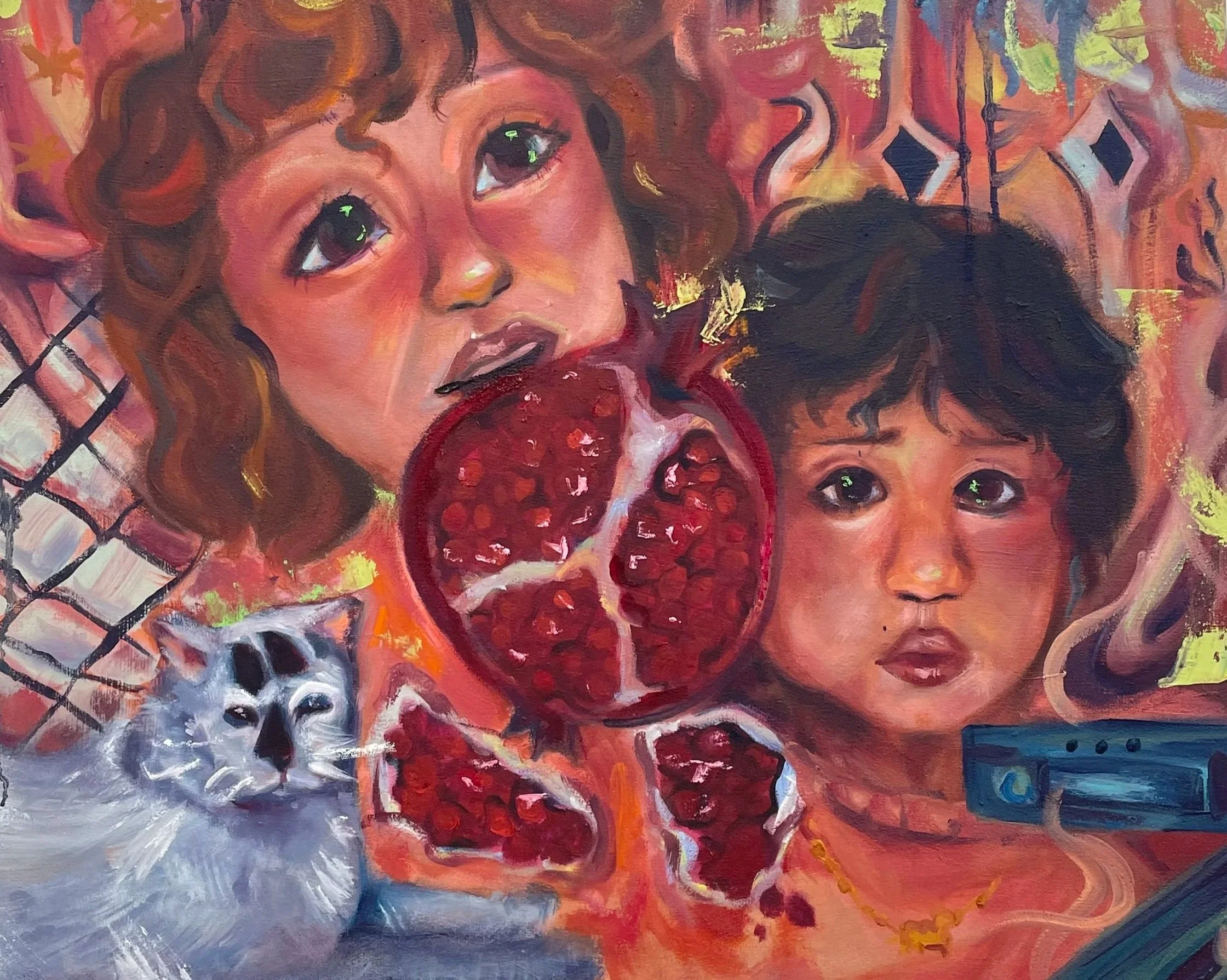 Colorful painting of two children with large expressive eyes, a white cat, and a pomegranate cut open, with abstract background elements.