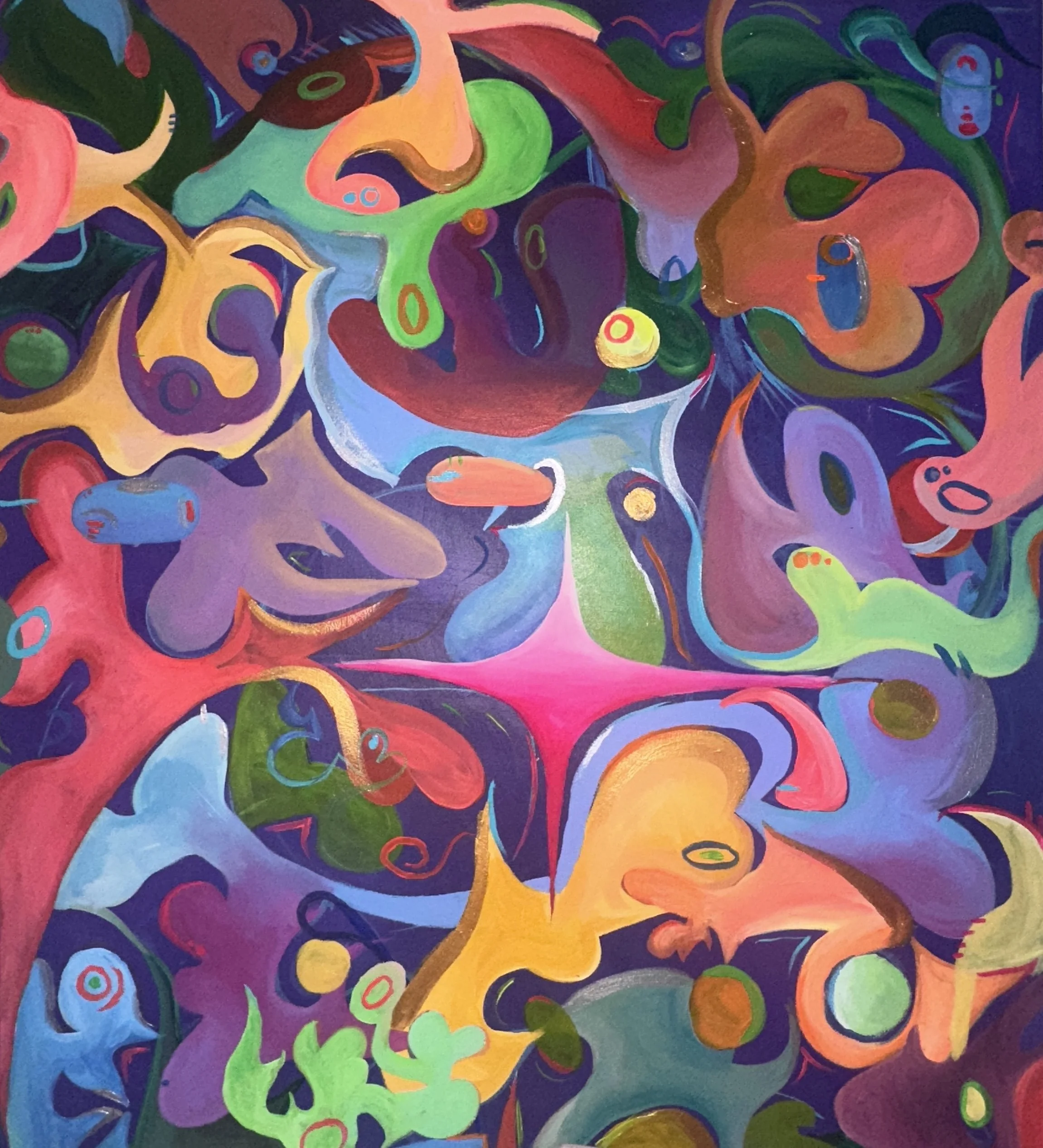 Abstract colorful painting with swirling shapes and vibrant colors including pink, purple, green, blue, orange, and yellow.