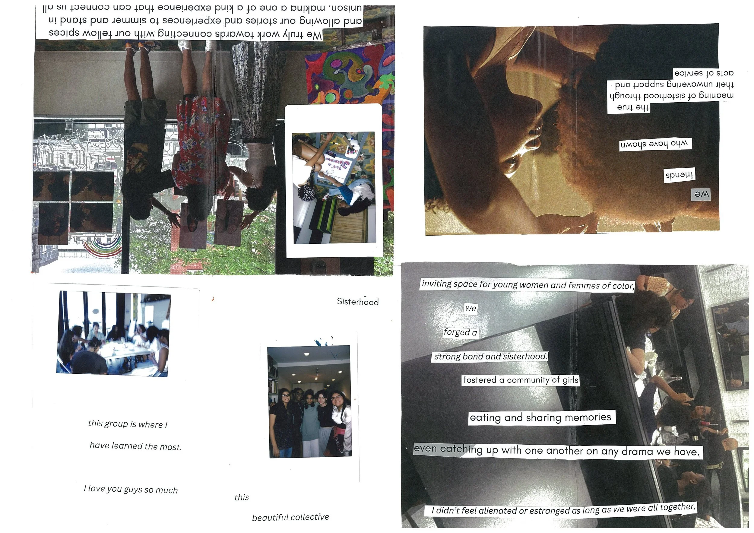 A collage of photos and text emphasizing sisterhood and community among women and girls, featuring group photos, women interacting, and text about shared experiences and bonding.