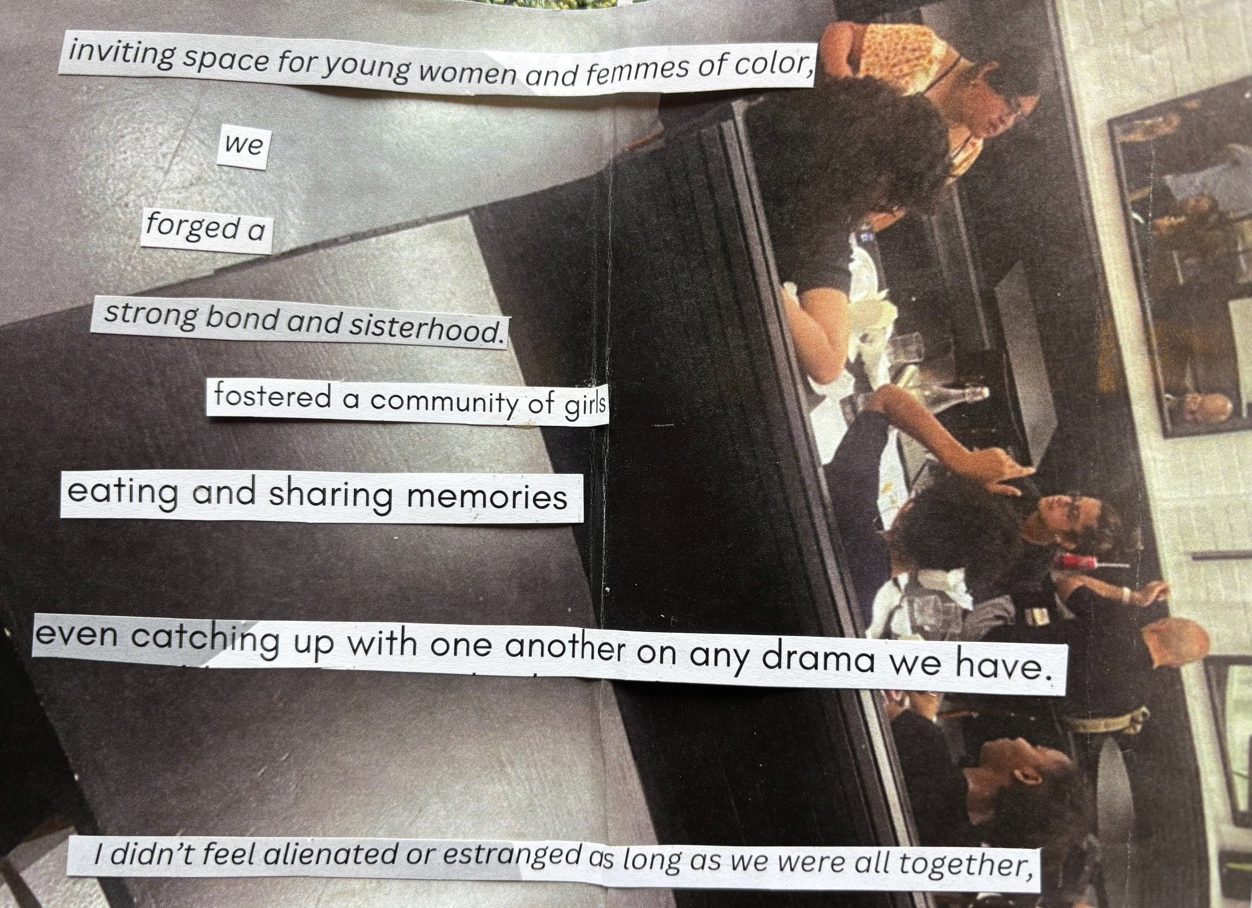 A group of women sitting at a table in a room, engaging in conversations and sharing moments. The image has text overlay describing the bond of sisterhood and community they've built.