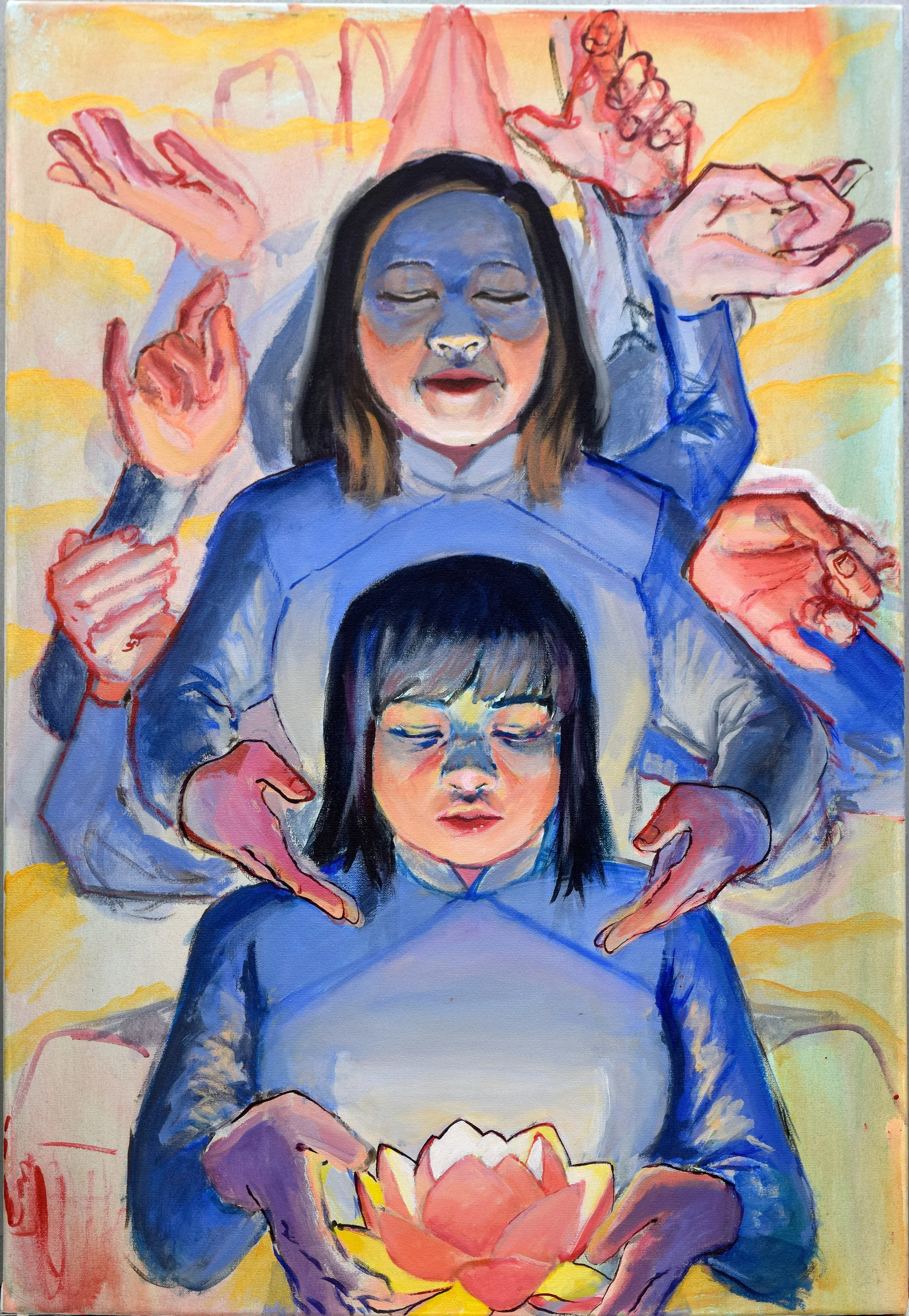 A colorful painting of three women with their eyes closed, surrounded by floating hands making various gestures, and holding a pink lotus flower.