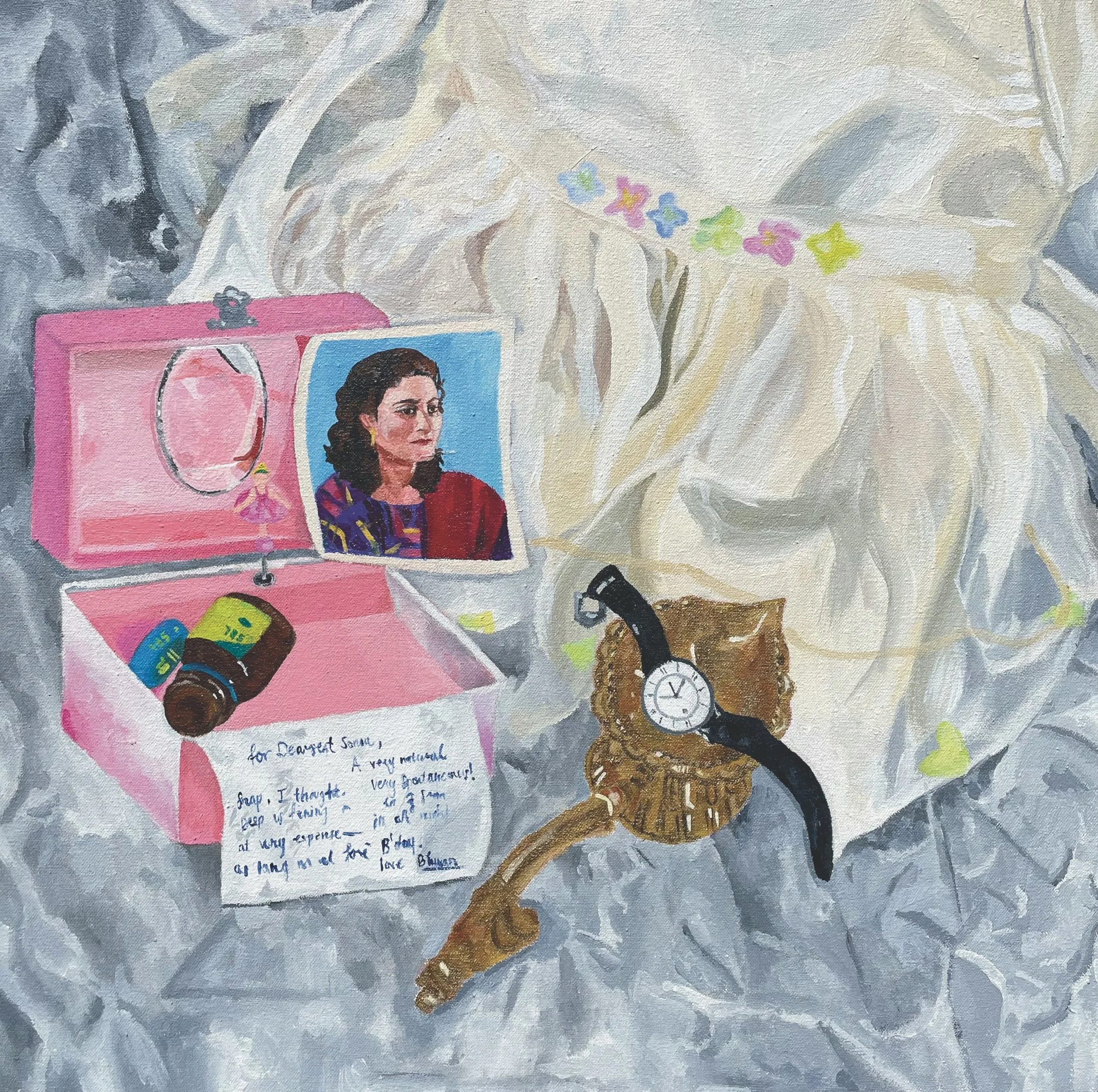 A painted illustration of a pink jewelry box with a mirror, a printed photo of a woman, a note, a bottle of pills, a wooden watch, and a piece of bread with a watch on top, placed on a crinkled fabric background with star and heart stickers.