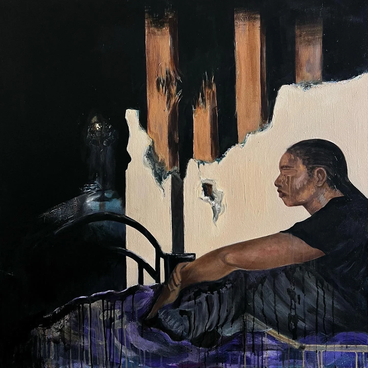 A woman sitting on a bed with a purple blanket, looking thoughtful. The background features a large torn section of a wall revealing wooden planks behind it, with dark and muted colors overall.