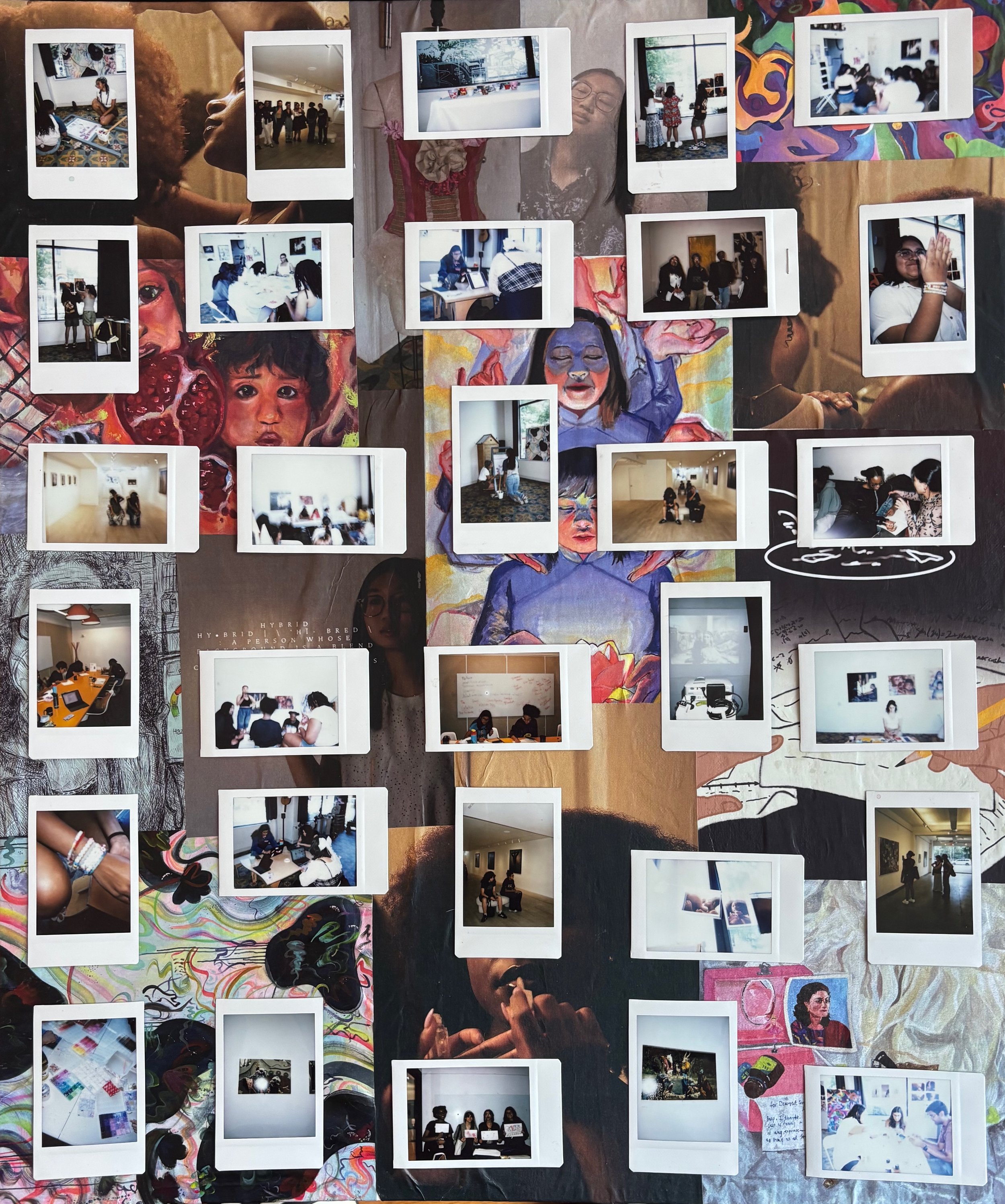 A collage of photographs and artwork featuring people engaged in various activities such as posing, working on projects, and attending events, with colorful and artistic background images.