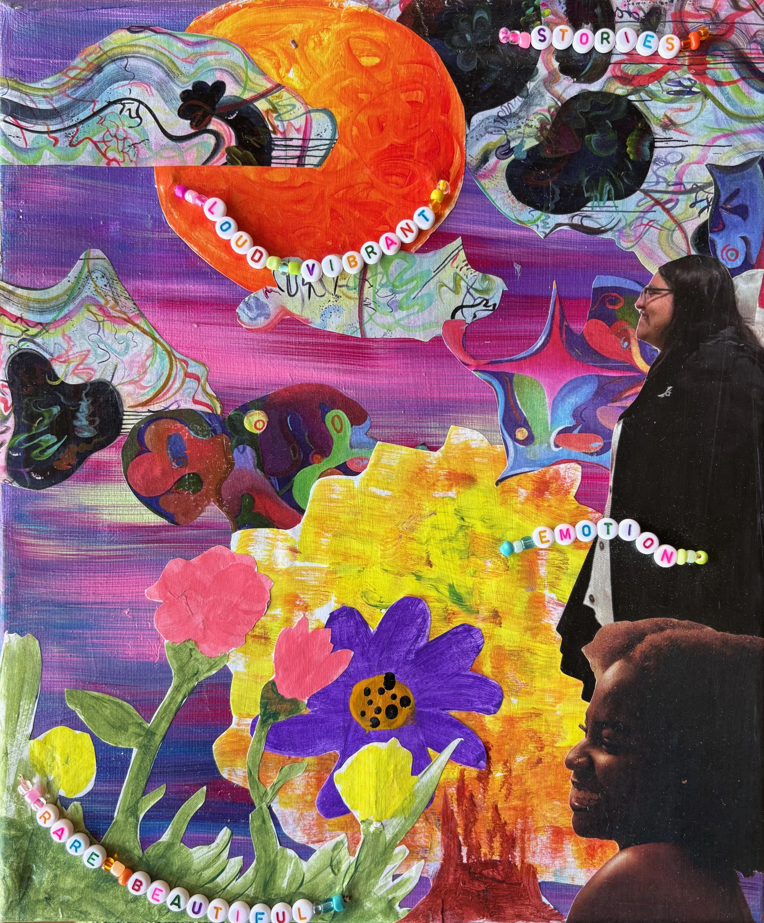 A colorful and vibrant collage featuring a background painting with abstract, swirling patterns and large, bright flowers. There are cutout images of people smiling and talking, along with beads spelling out words like "LOUIV VIBRANT," "STORIES," "EMOTIONS," and "RARE BEAUTIFUL."