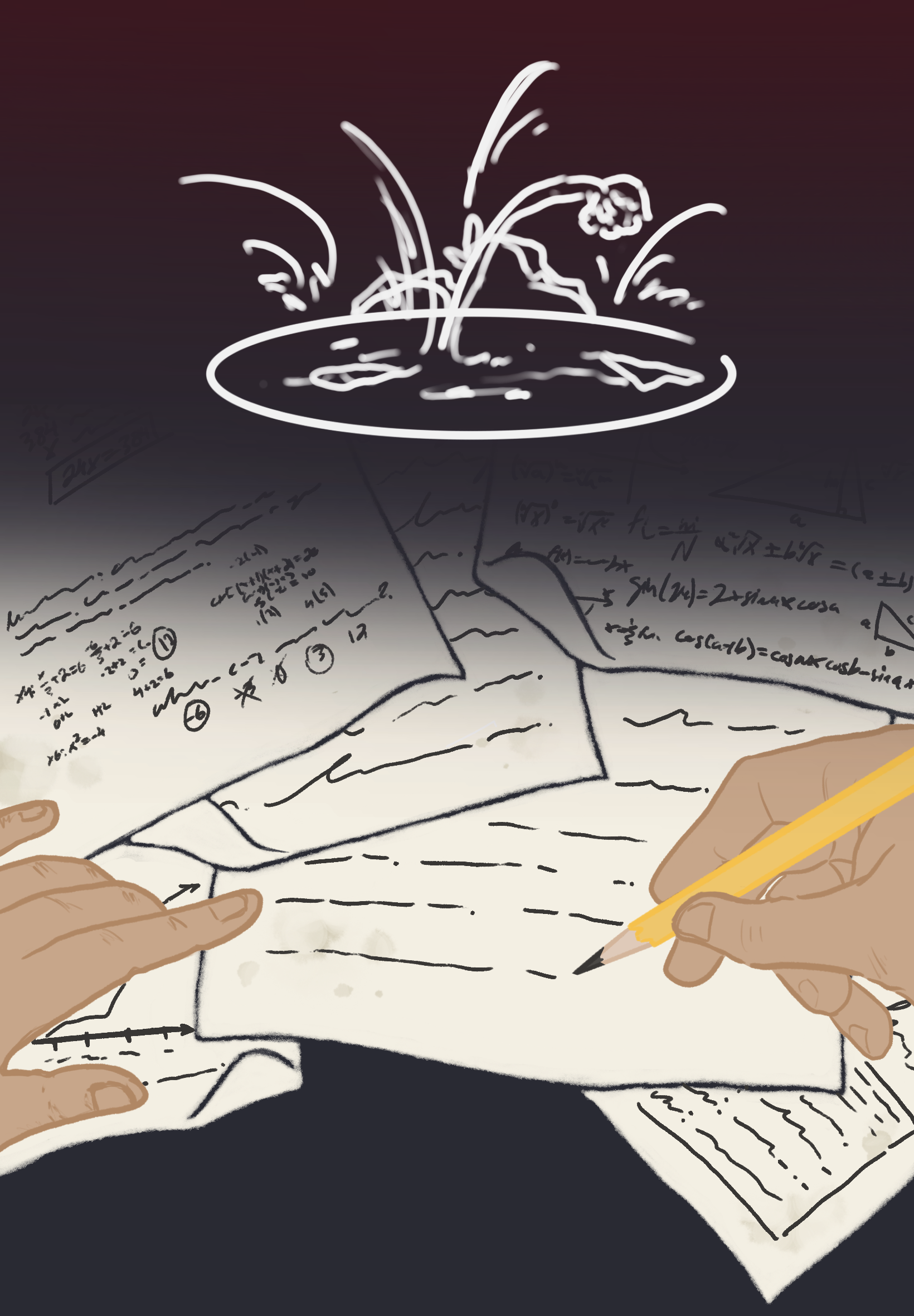 Illustration of hands working on papers filled with mathematical formulas and graphs, with a plate of exploding firecracker or fireworks above them.