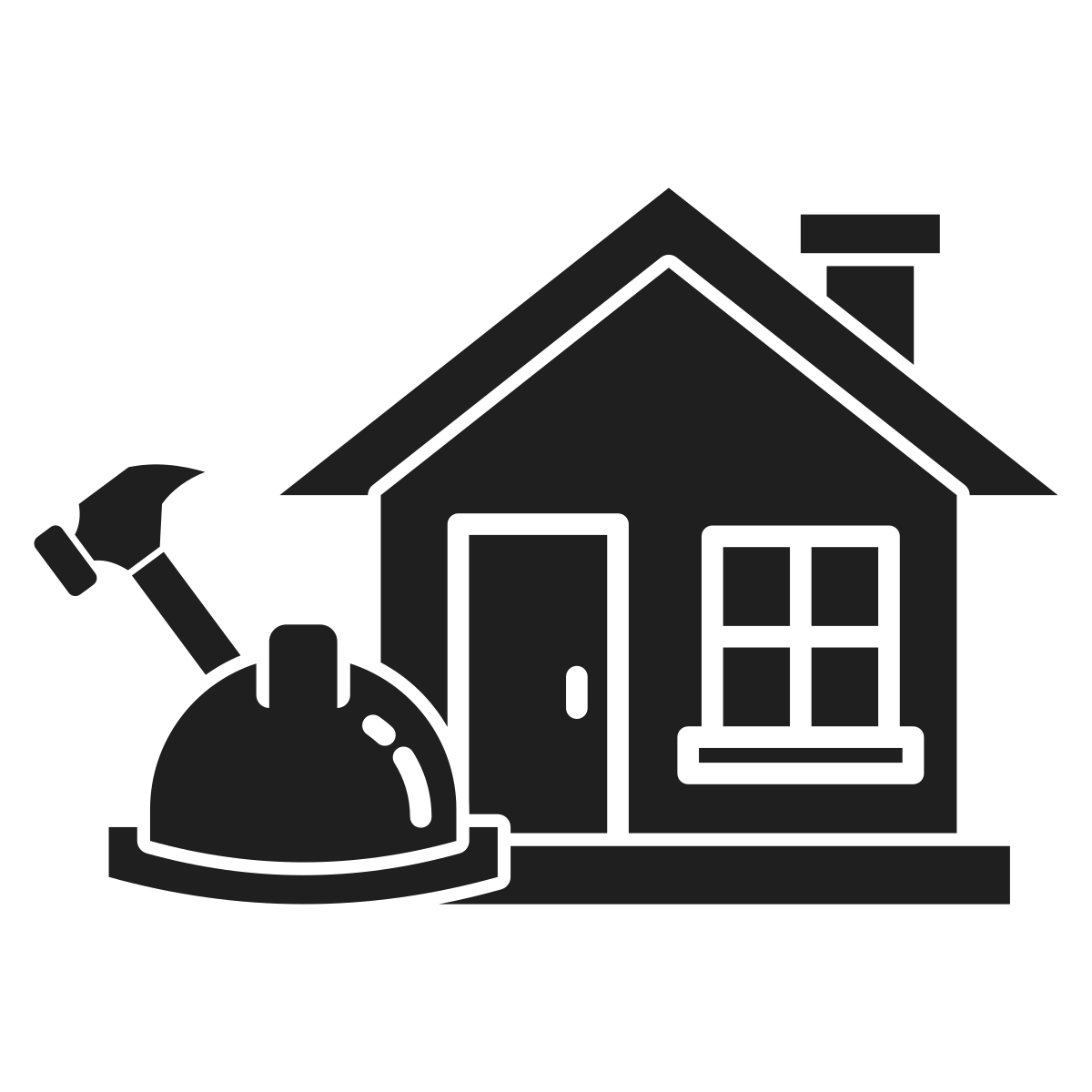 Icon of a house with a window and a door, alongside a hammer and a construction helmet, indicating home construction or renovation.