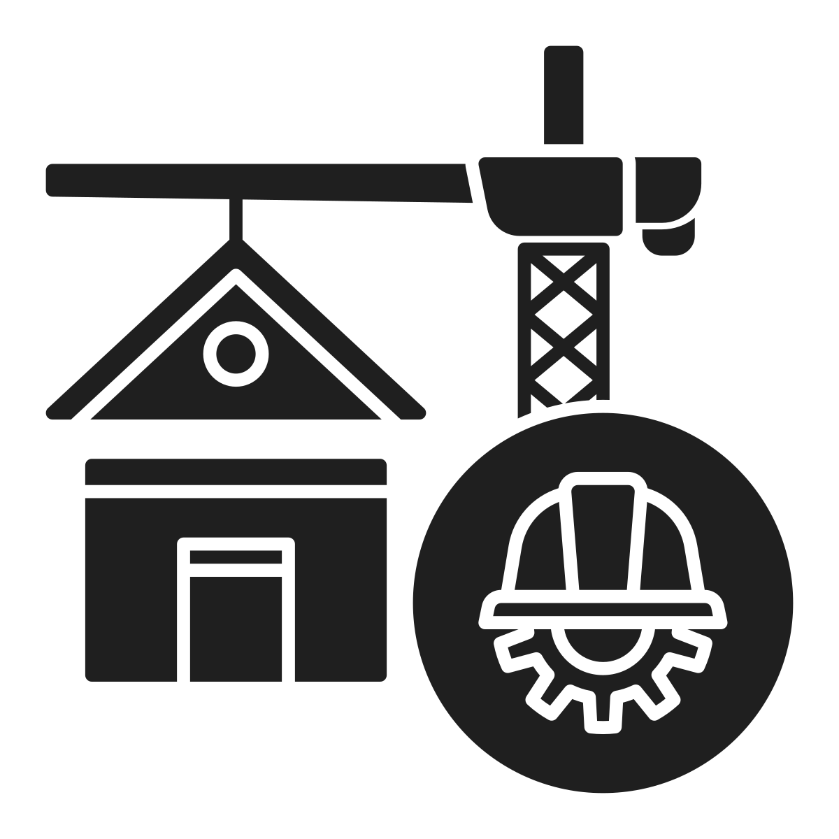 Construction crane, building, and safety hard hat icon.
