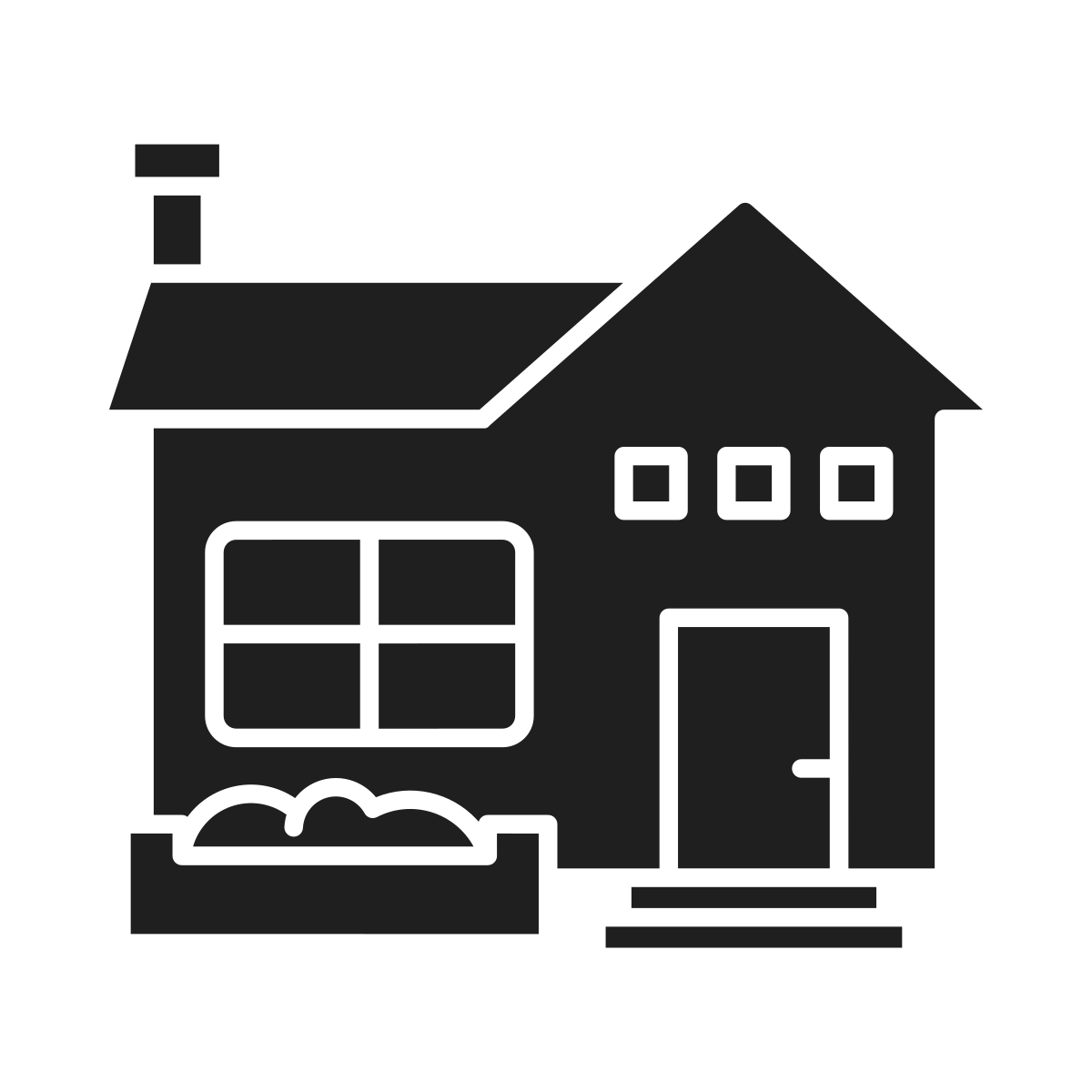 Black and white icon of a house with a front porch, multiple windows, a door, and a chimney.