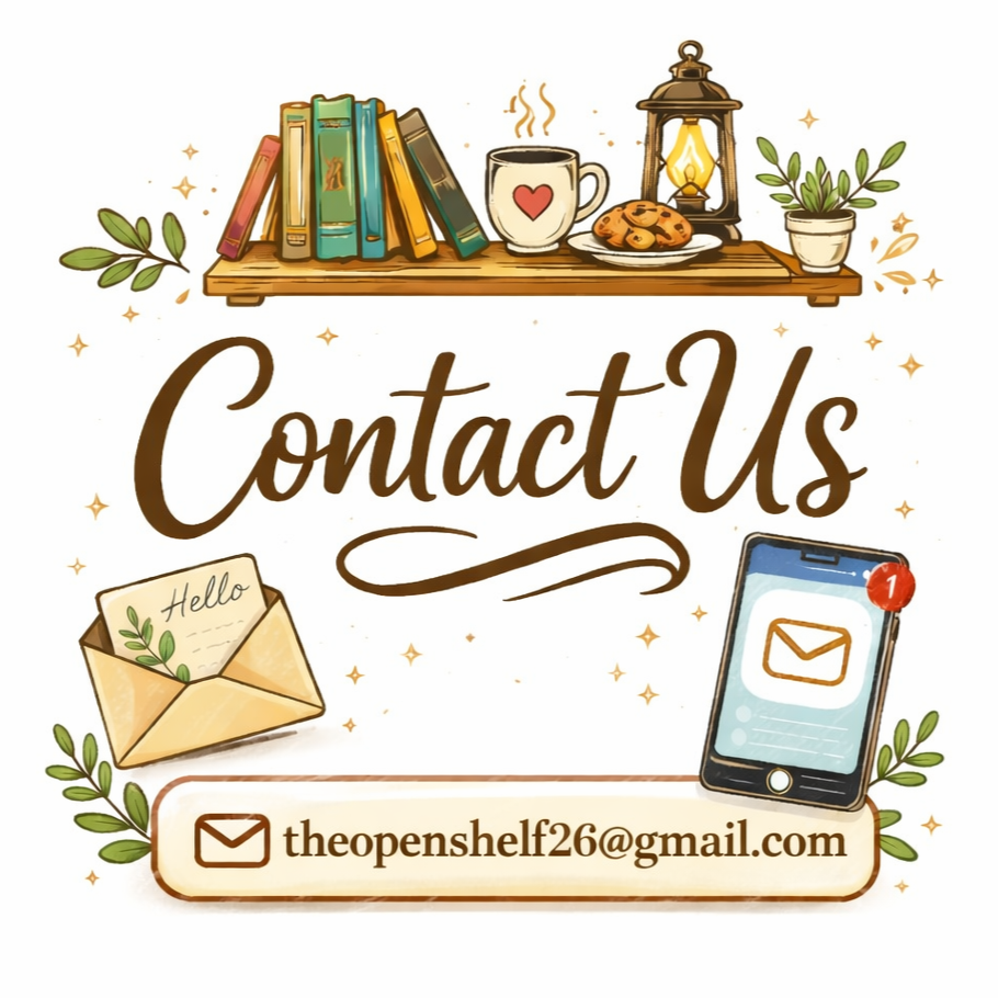 Contact information graphic featuring a wooden shelf with books, a coffee mug, cookies, a lantern, and a potted plant, with a centered 'Contact Us' text, an envelope icon with a 'Hello' note, a smartphone with a notification, and an email address 'theopenshelf26@gmail.com' displayed below.