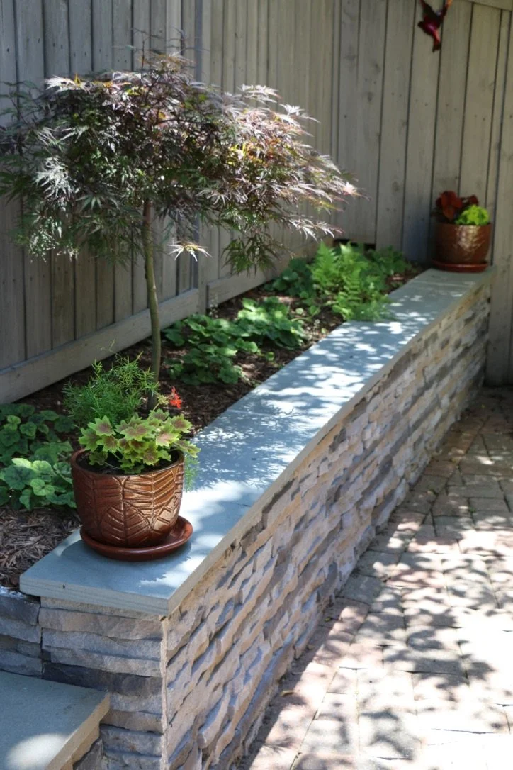 A garden bed with various green plants and a small decorative tree in a brown pot, bordered by a stone wall and gray stone cap, adjacent to a paved walkway with shadows of tree leaves.