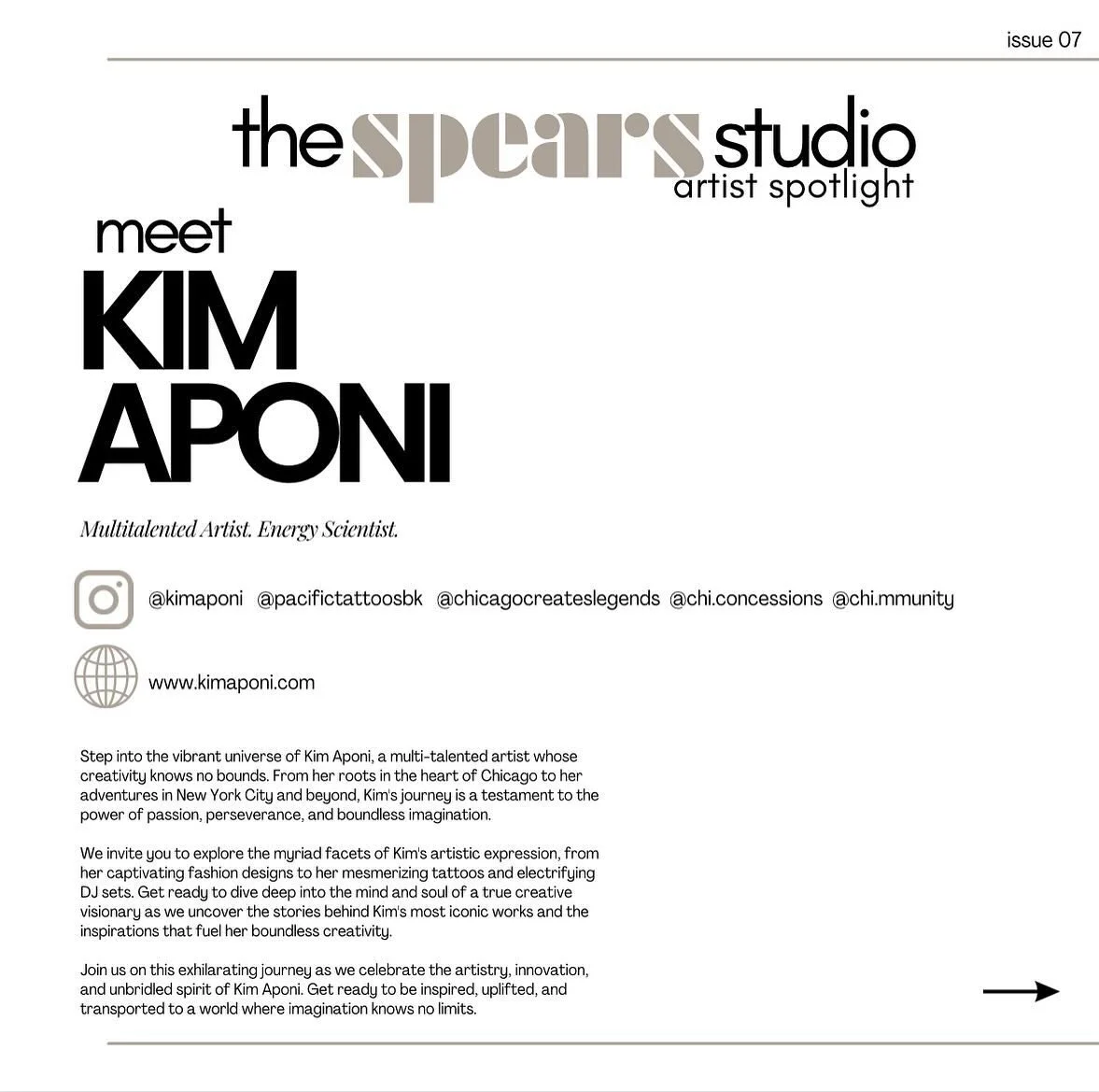 The Spears Studio | Artist Spotlight: Issue 07, Episode 5. 

Another issue of The Artist Spotlight is finally here! Stepping into the studio is an amazingly multitalented individual and trailblazer! Meet @kimaponi! 

Grateful to have sat down with an