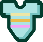 Icon of a baby onesie with pastel horizontal stripes in blue, yellow, pink, and purple.