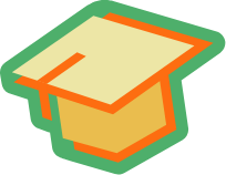 A cartoon illustration of a graduation cap with an orange band and a beige top.