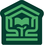 A stylized green house with a book inside, representing real estate or home education.