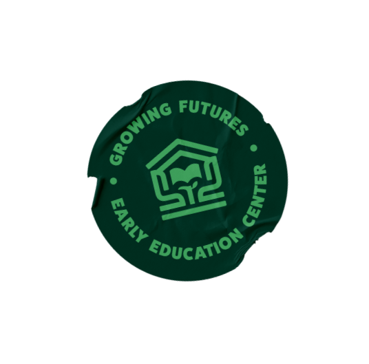 A circular green logo for an early education center, featuring a house with a heart inside and the text 'Growing Futures Early Education Center' around the perimeter.