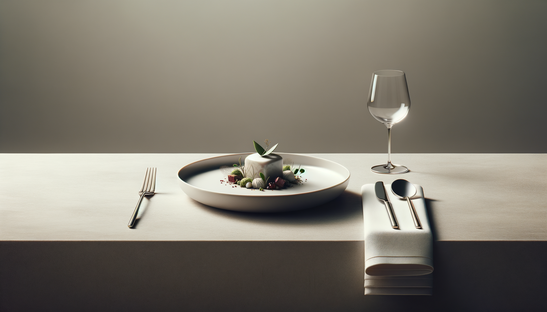 Empty table set with a fork, knife, and spoon on a white tablecloth, a clear wine glass, and a decorative dish with a small sculpture and green leaves.