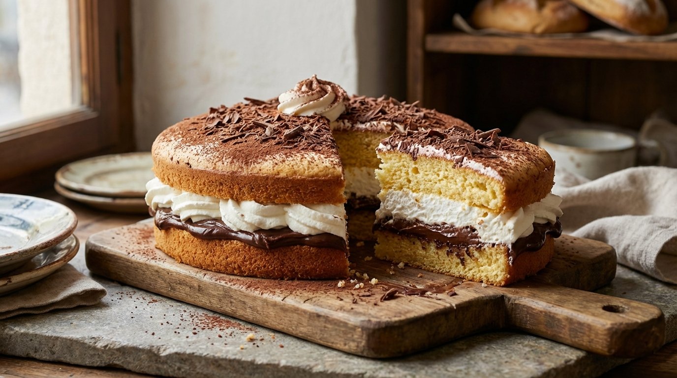 Pastel de chocolate y vainilla con crema y chocolate en una base de madera sobre una mesa