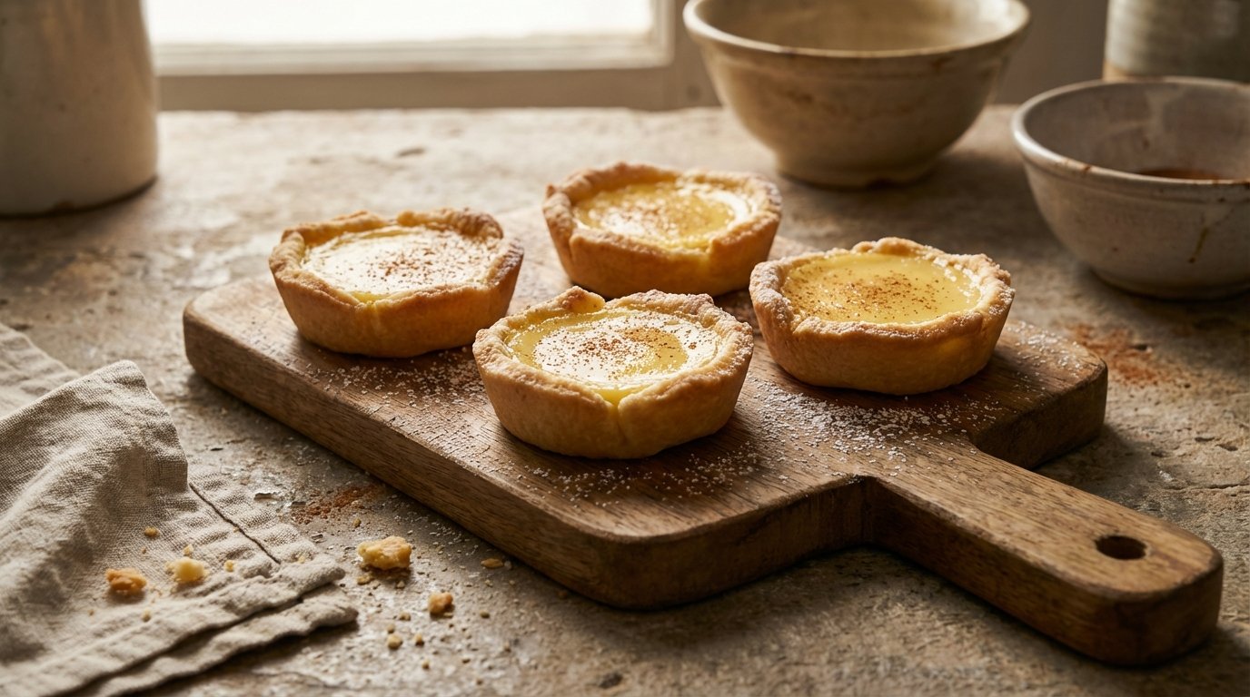 Cuatro tartas de queso en una tabla de madera, con polvo de azúcar y un poco de miel, en un ambiente con ventanas y vajilla en el fondo.