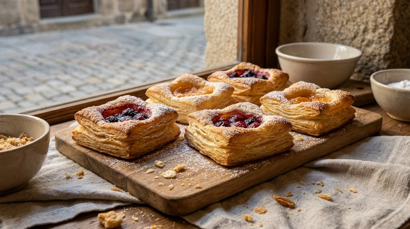 Pasteles de hojaldre con fruta y polvo de azúcar en una tabla de madera junto a cuencos con ingredientes.
