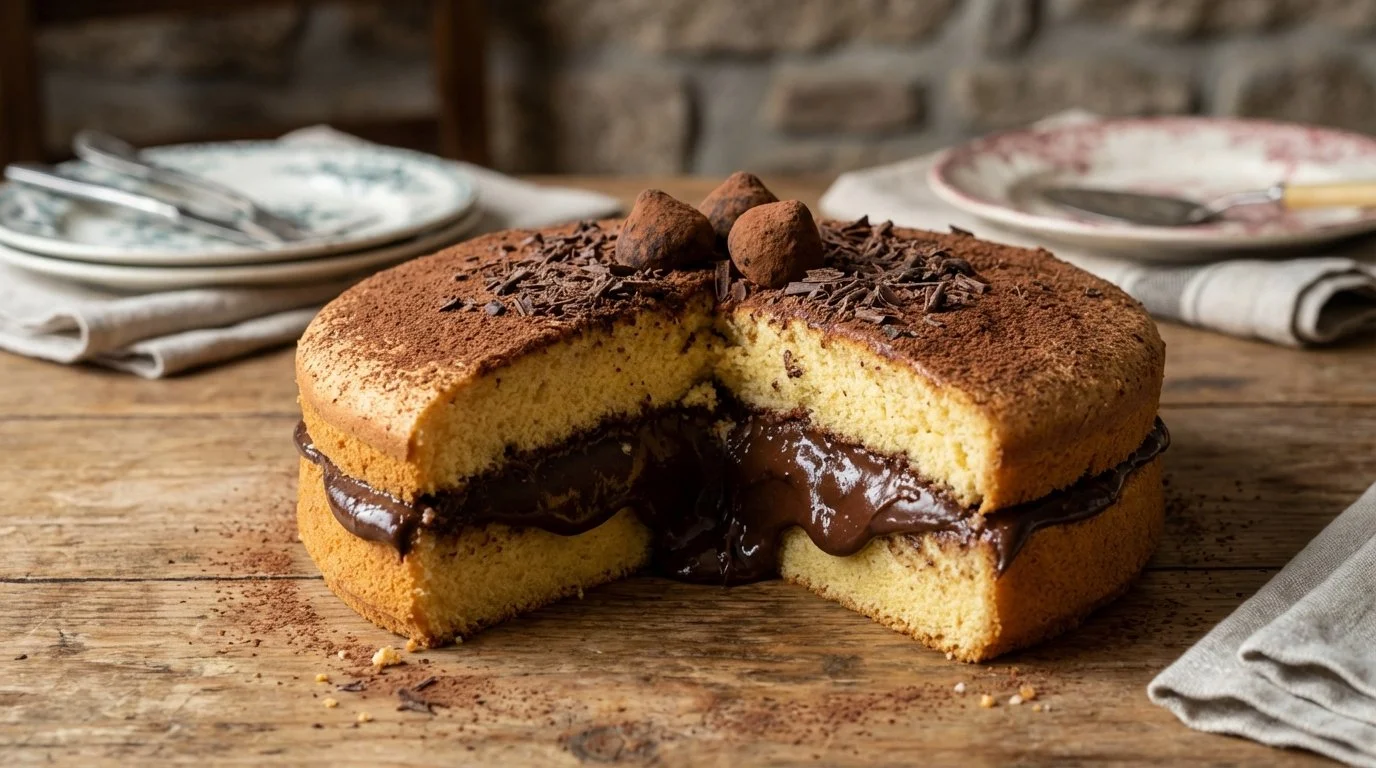 Pastel de chocolate con relleno de ganache de chocolate, decorado con cacao en polvo y chocolates en la parte superior, sobre una mesa de madera.