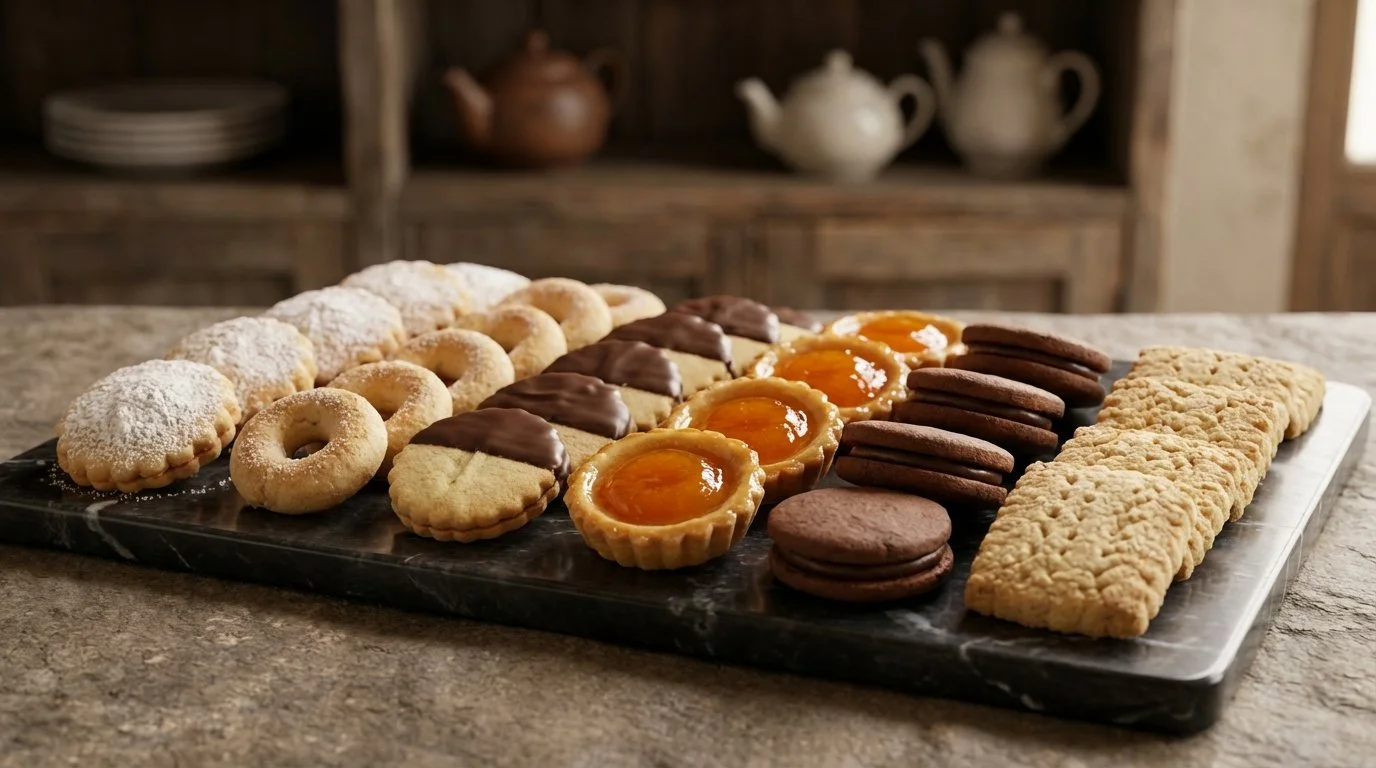 Variedad de galletas y dulces en una bandeja sobre una mesa de piedra.